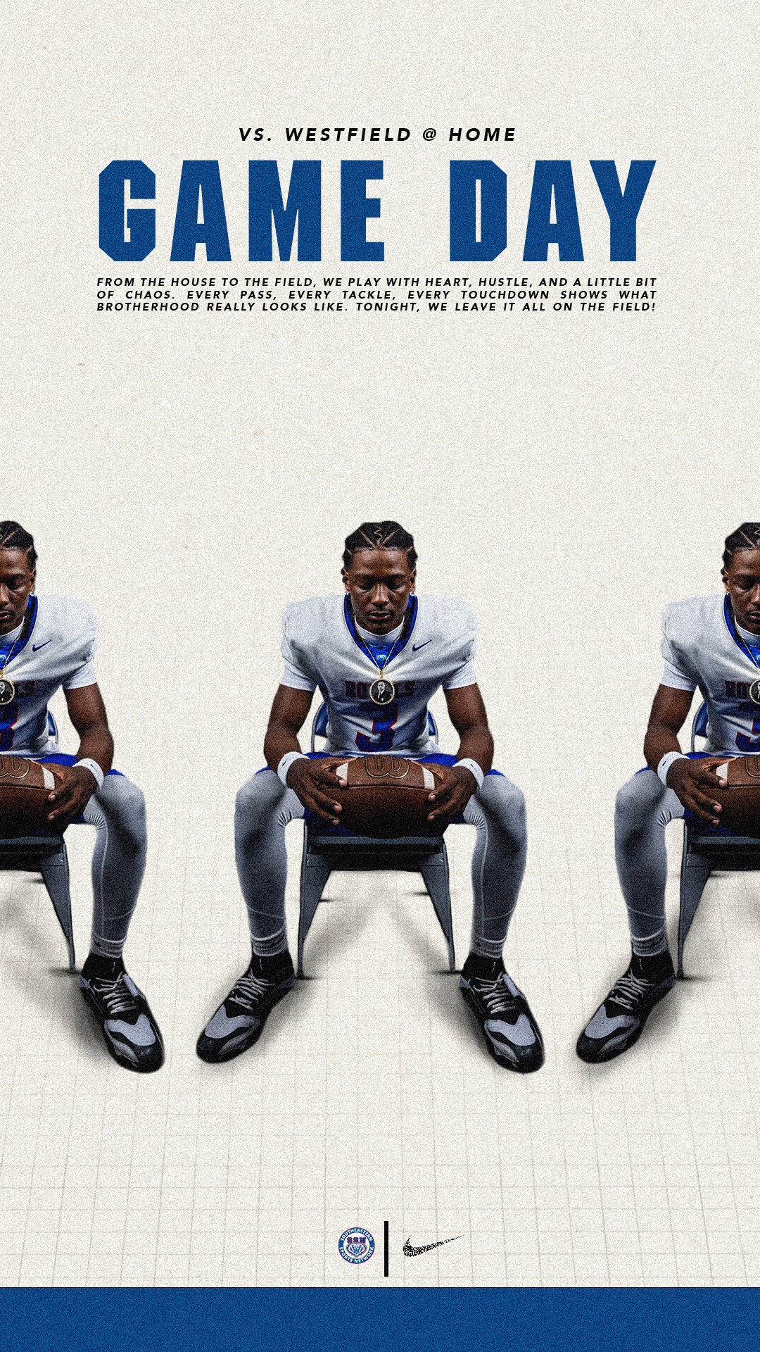 I created this graphic for the football game against Westfield. I found some inspiration online and wanted to make my own version. I eventually had to completely remake the graphic because the player featured got injured right before the game. Through this process, I learned how to quickly adapt, add shadows effectively, and make the players look more realistic rather than appearing to float.