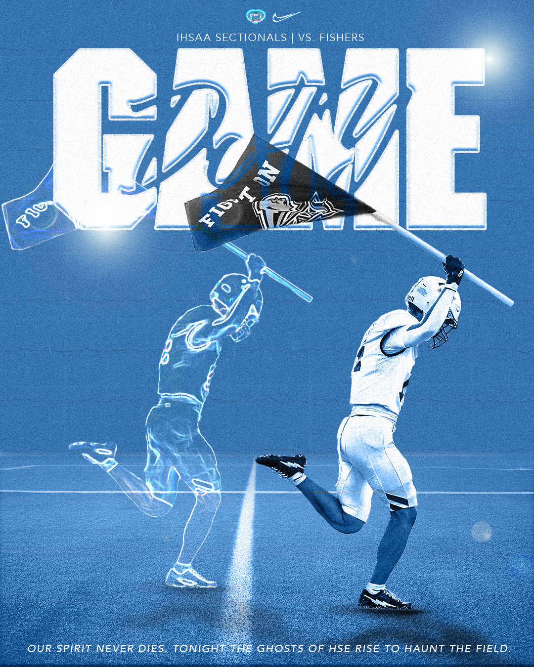 I created this graphic for our IHSAA Sectionals match against Fishers High School. I learned a lot throughout the creation process. I wanted to design a Halloween-themed graphic in Photoshop, but I had limited knowledge of the program at the time. Through a lot of trial and error, I was eventually able to create a ghost player that brought the concept to life.