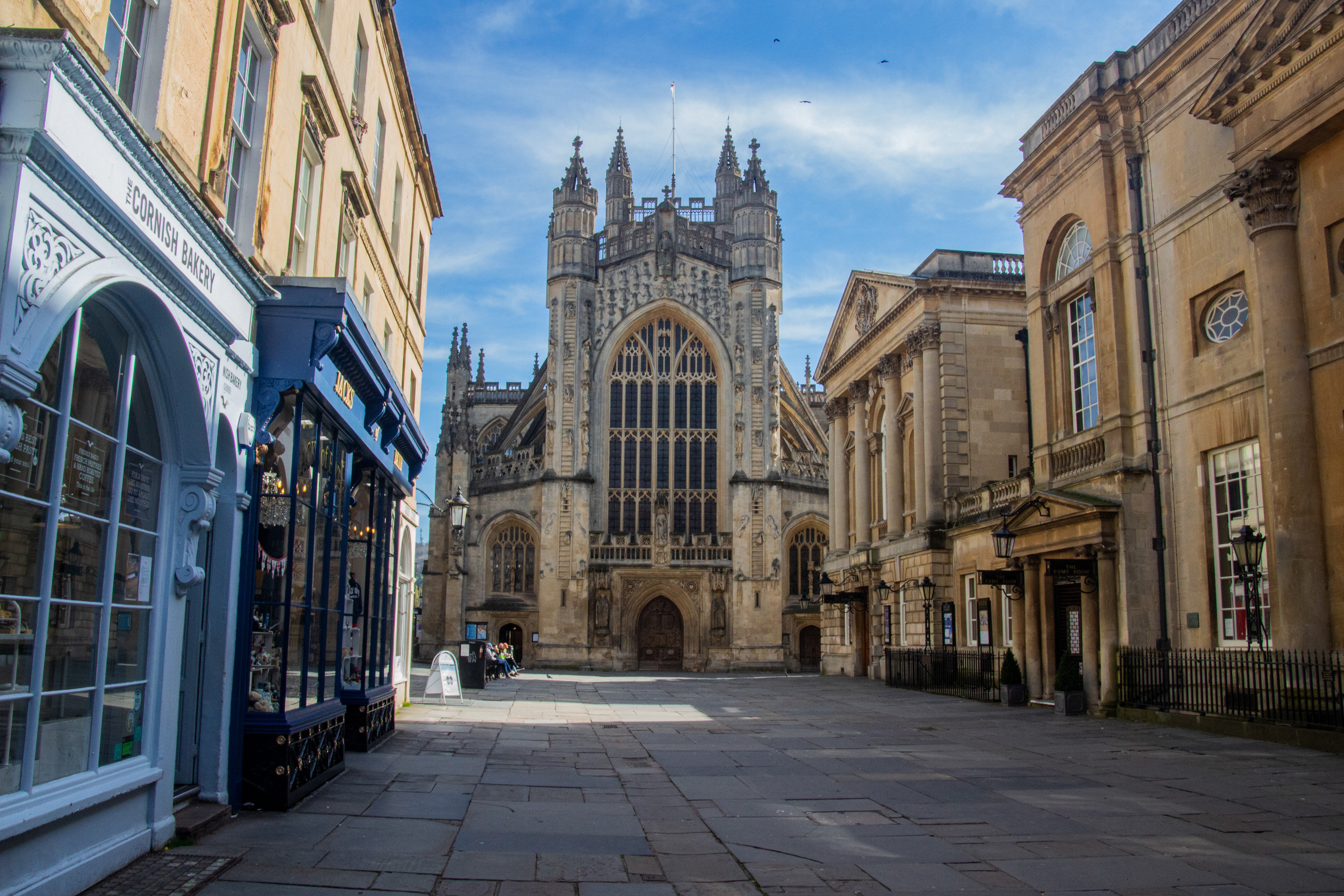 Bath Abbey with an empty Abbey Churchyard