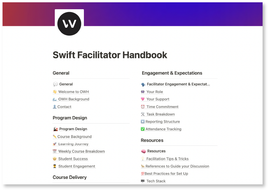 Facilitator Handbook developed in Notion for the delivery team
