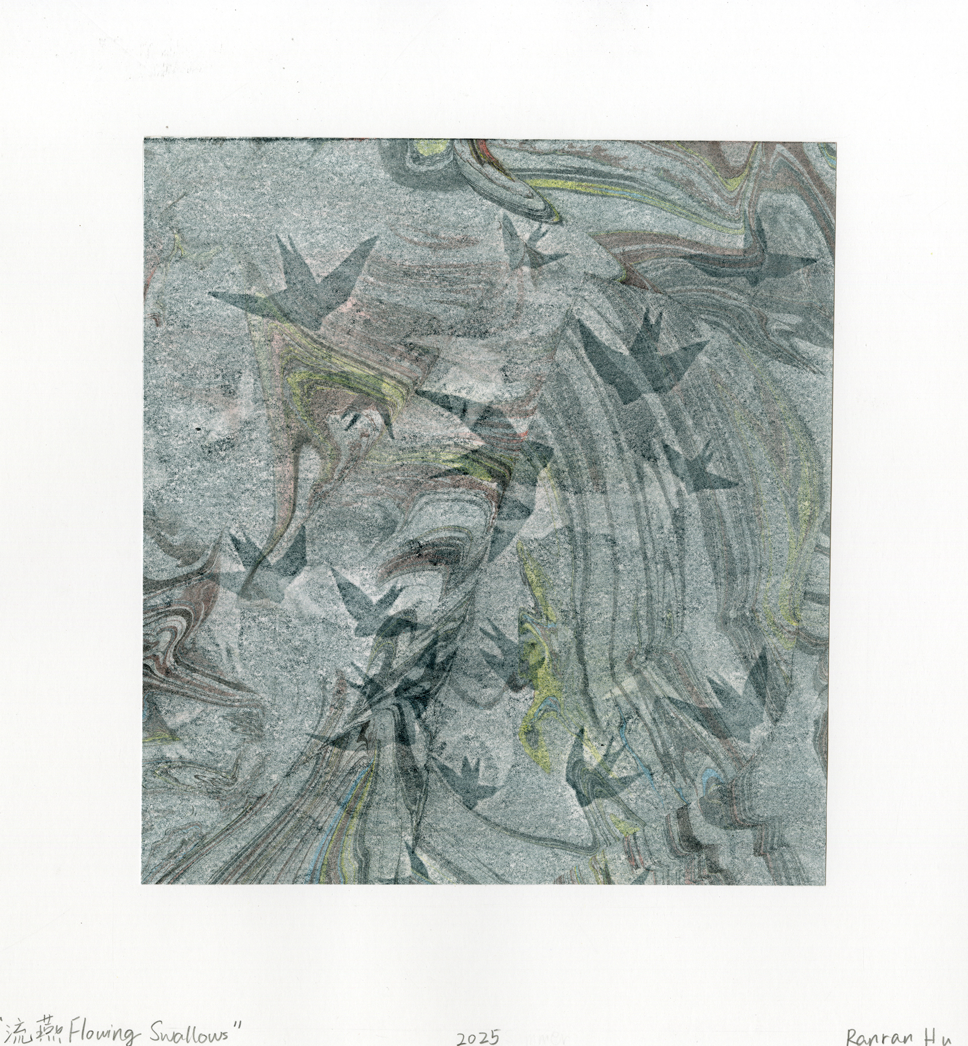 流燕 Flowing Swallows,  Suminagashi on handmade paper, 10 × 11 in, 2025. Price(shrink-warped): $100