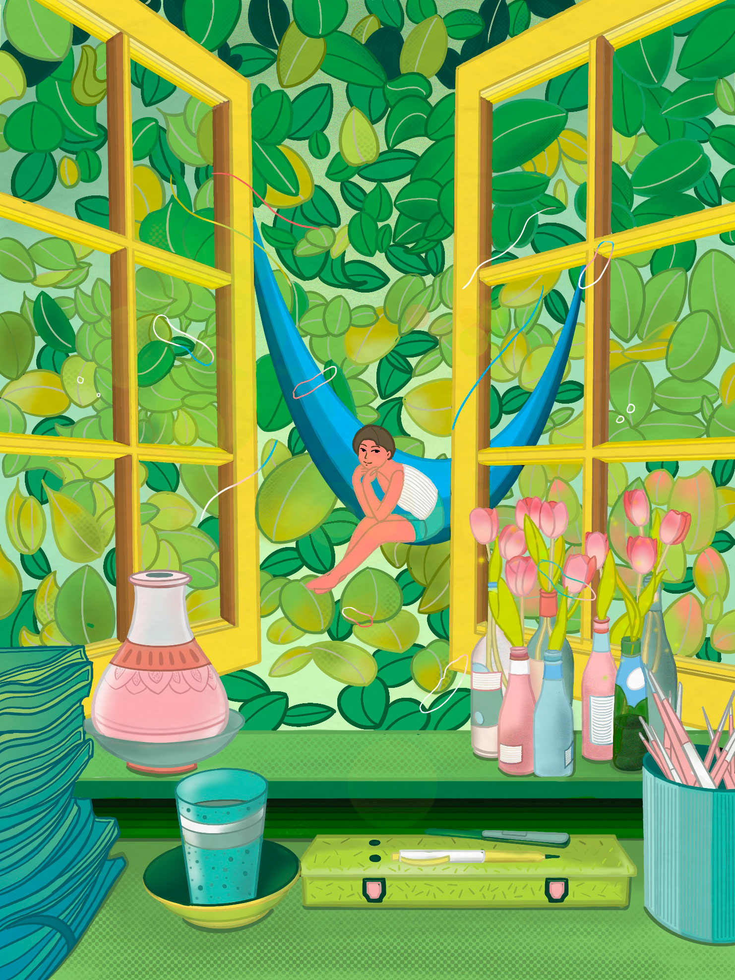 Green Window Dream, Inkjet print on Epson watercolor paper, Illustration, 13 × 17 in. Price(shrink-warped): $100