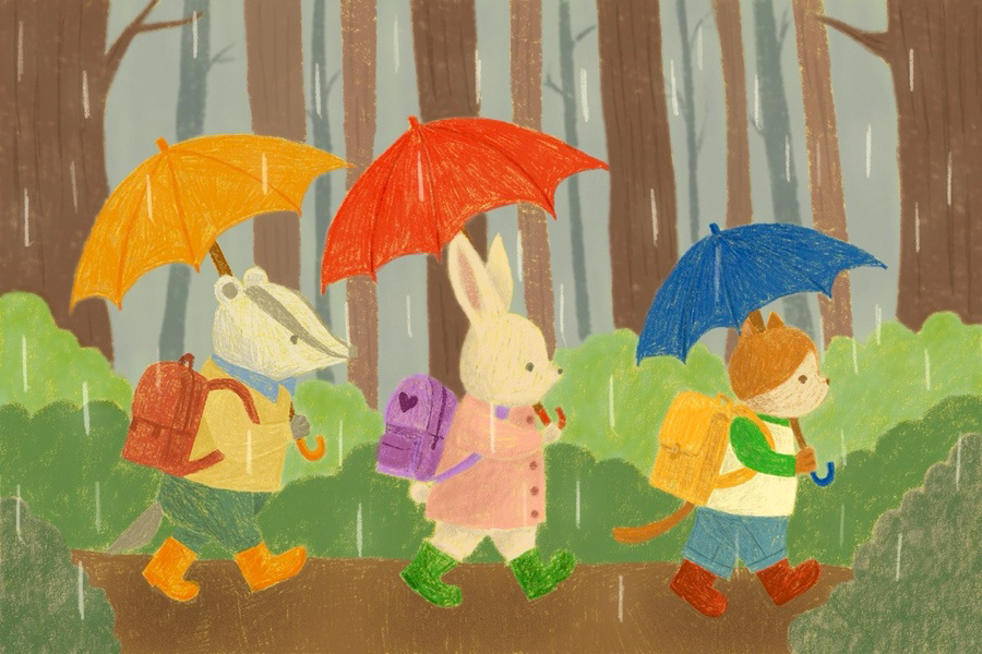On my way to school on a rainy day / Digital drawing