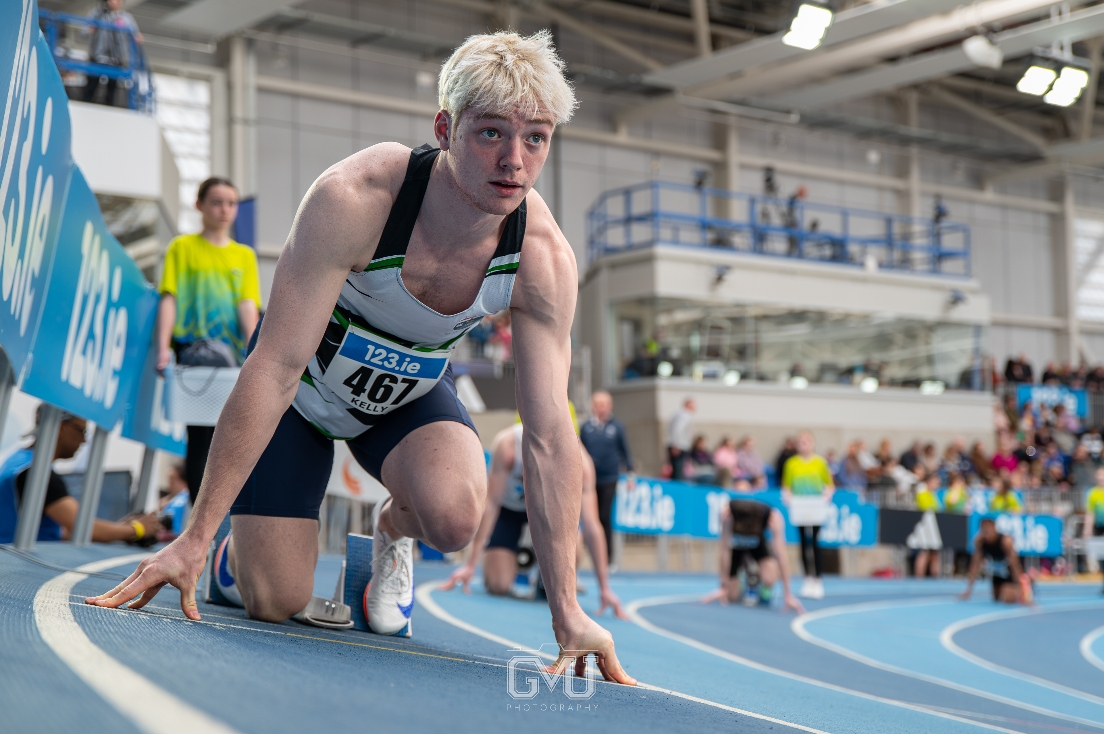 Connor Kelly getting ready in starting blocks, National Senior Indoor Championships, Dublin 2025