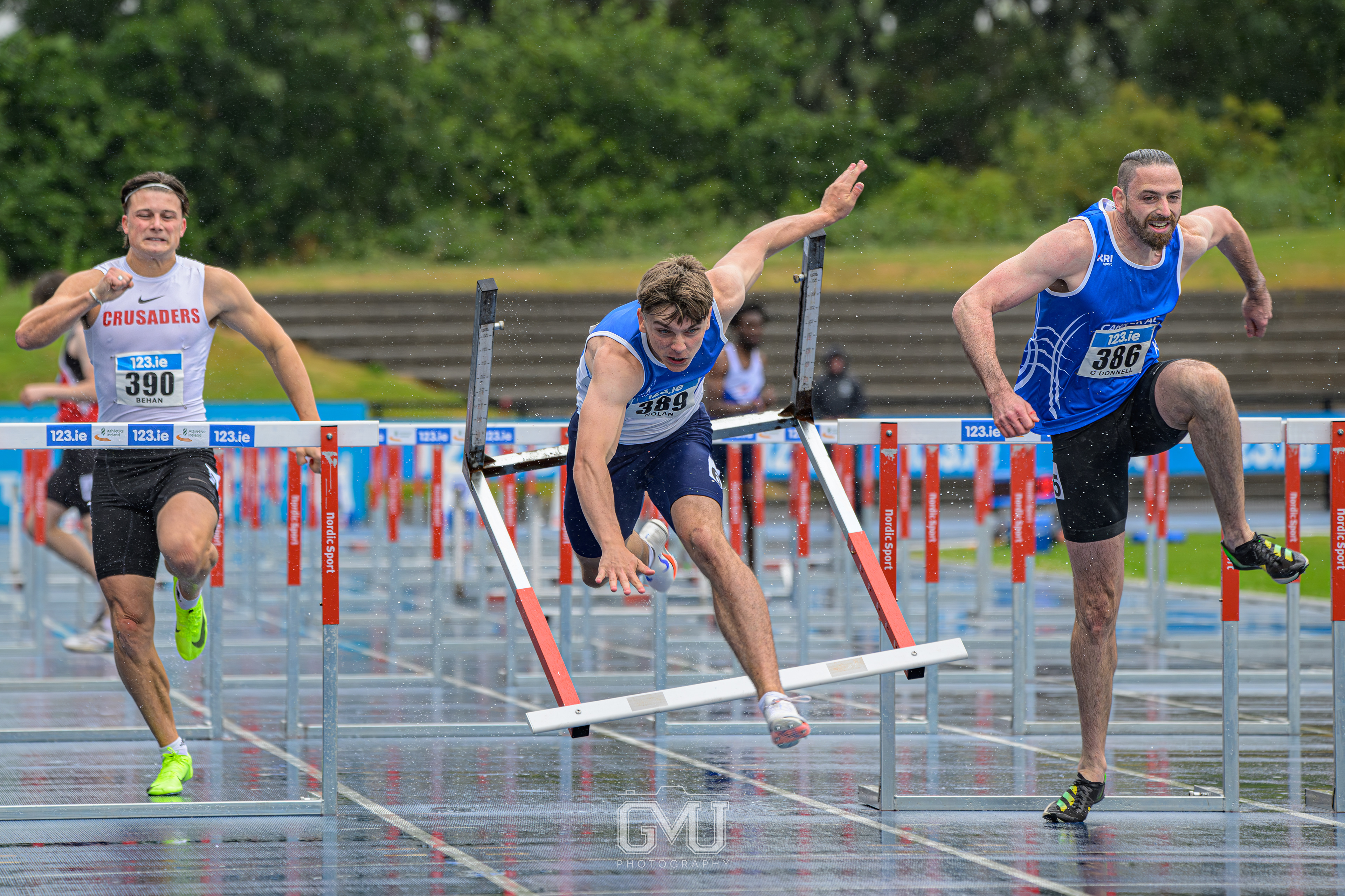 Adam Nolan tripping over last hurdle in 110m hurdle final, National Senior Track & Field Championships 2024, Morton Stadium, Dublin, 2024 