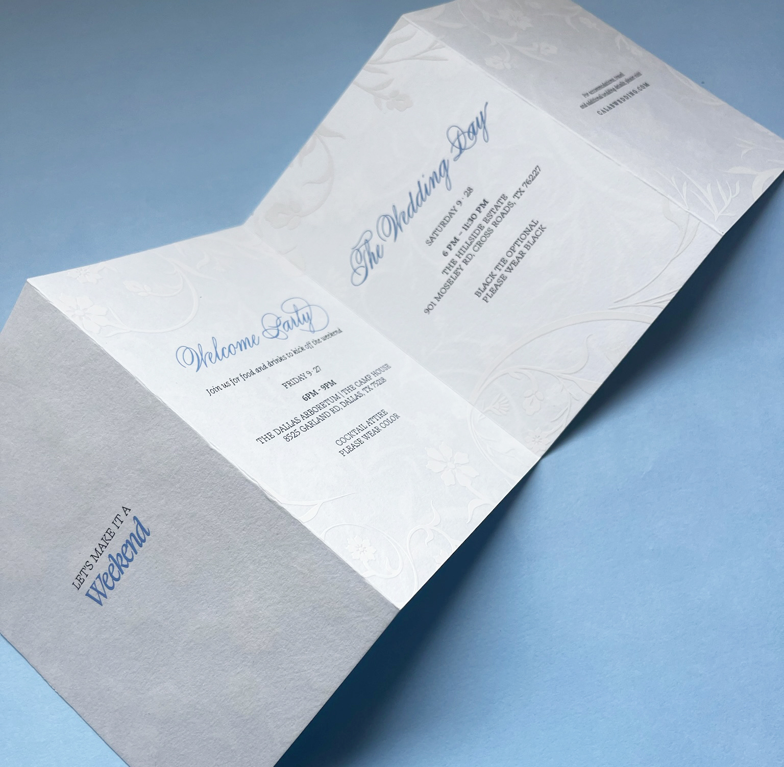 The floral pattern was brought in through white on white screen print in over 10 layers, for a heavy texture that showed through the booklet's paper