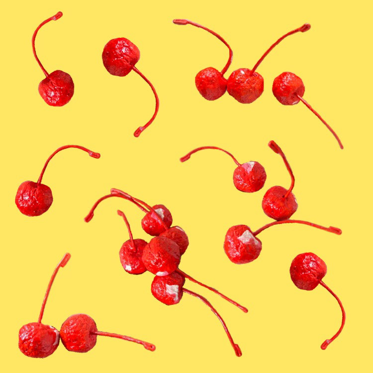 "Cherries", paper pulp, joint compound, acrylic, 2023.