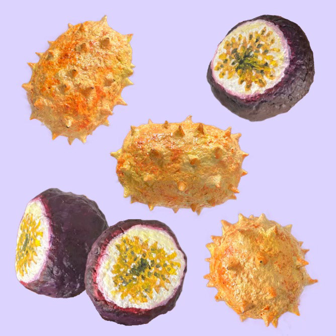 "Passion Fruit & Horned Melon", paper pulp, joint compound, acrylic, 2023.