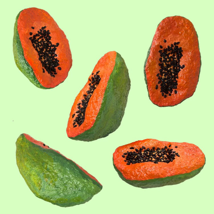"Papayas", paper pulp, joint compound, acrylic, 2023.