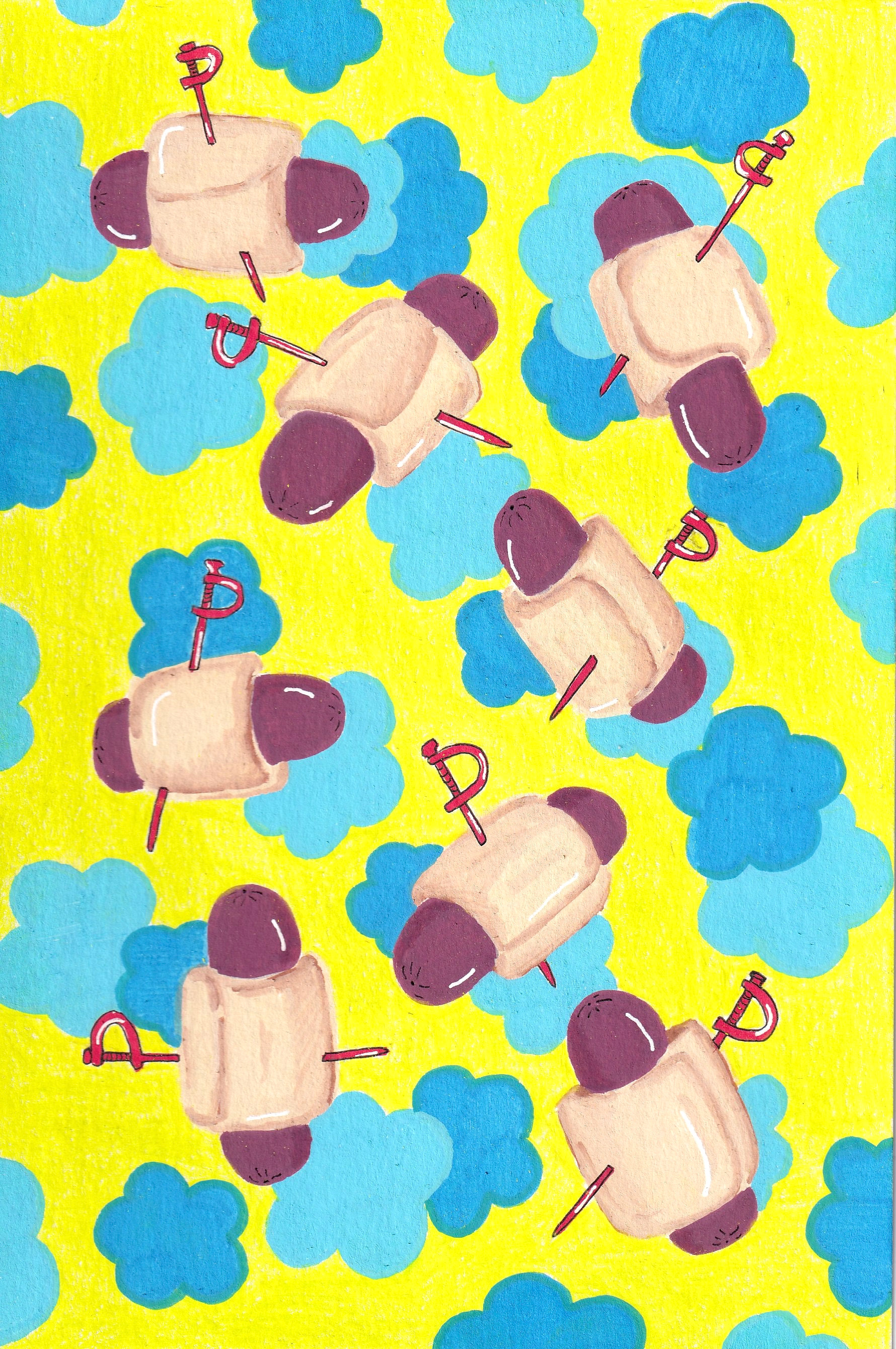 "Skewered Delicacies: Pigs", Posca Paint Pen on Watercolor, 2021.
