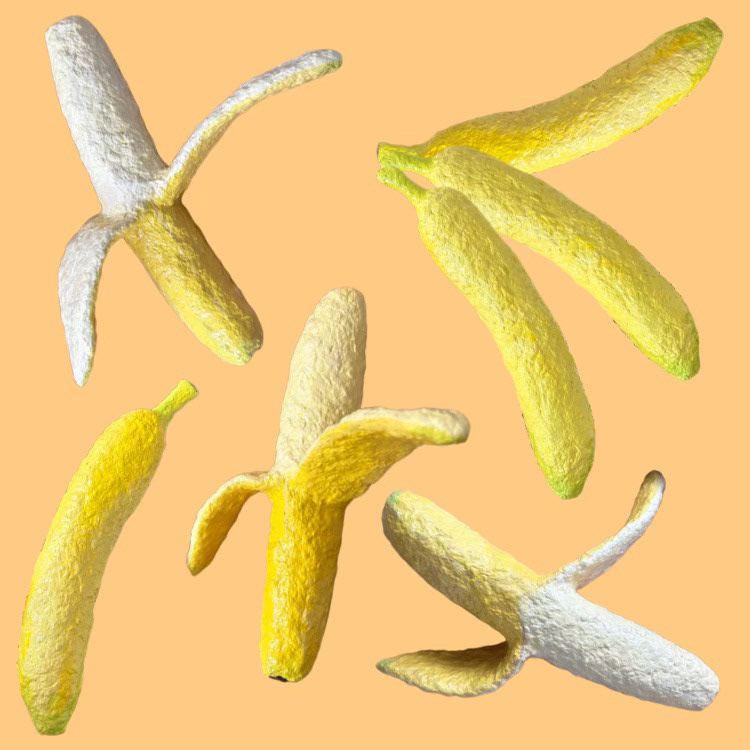 "Bananas", paper pulp, joint compound, acrylic, 2023.