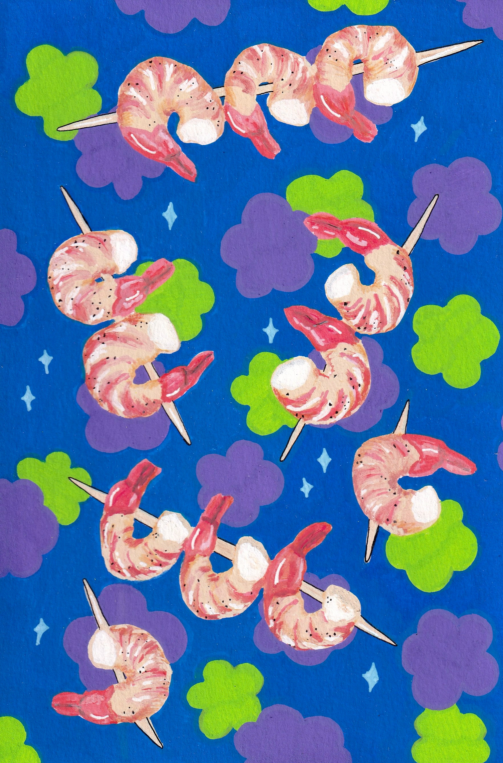 "Skewered Delicacies: Shrimp", Posca Paint Pen on Watercolor, 2021.