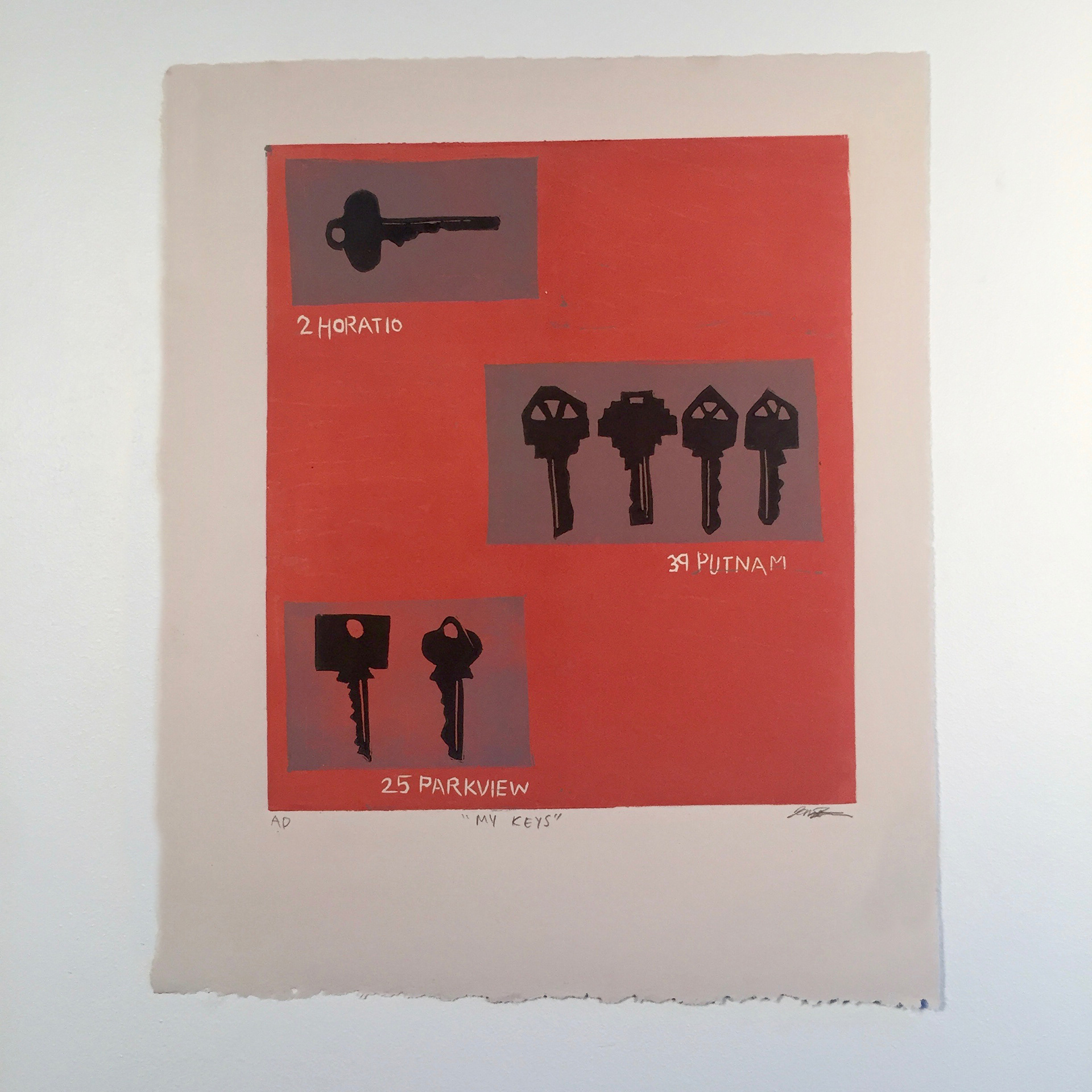 "My Keys" Reductive block print, 2018.