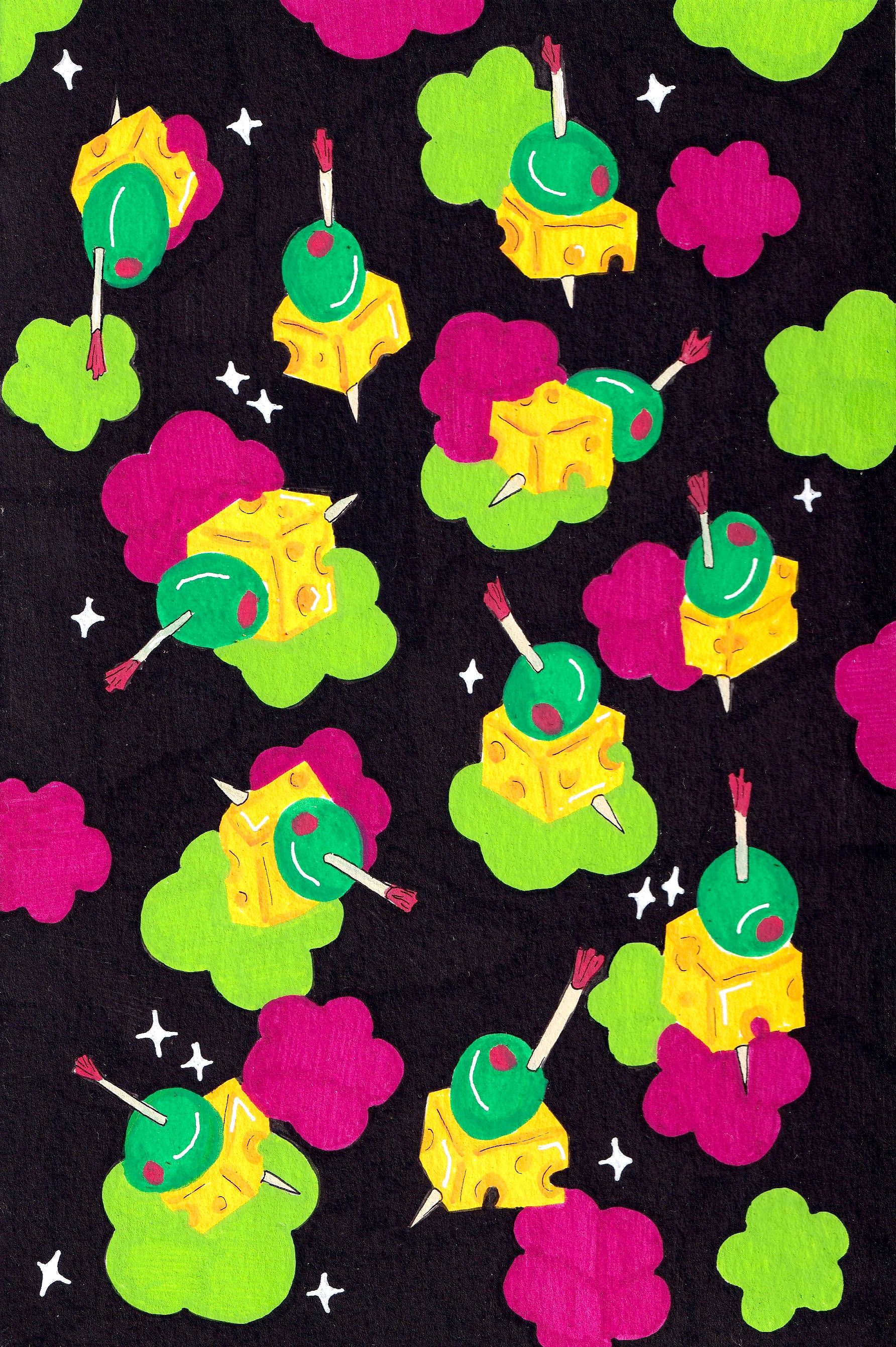 "Skewered Delicacies: Olives & Cheese", Posca Paint Pen on Watercolor, 2021.
