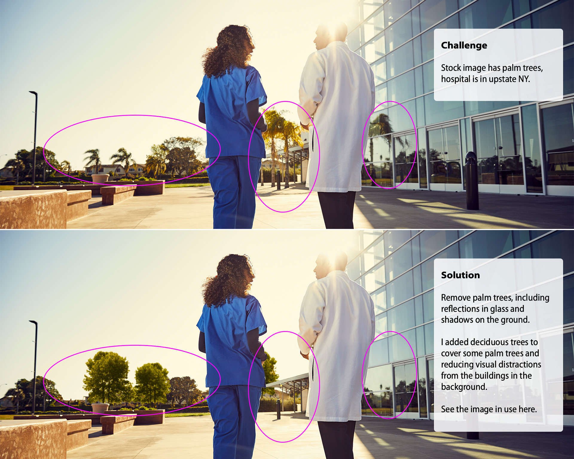 Top is before, bottom is after. Magenta circles show changes.