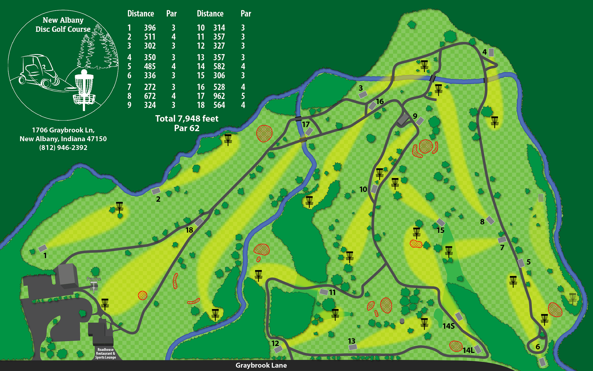 Disc golf course map at the New Albany Golf Course.