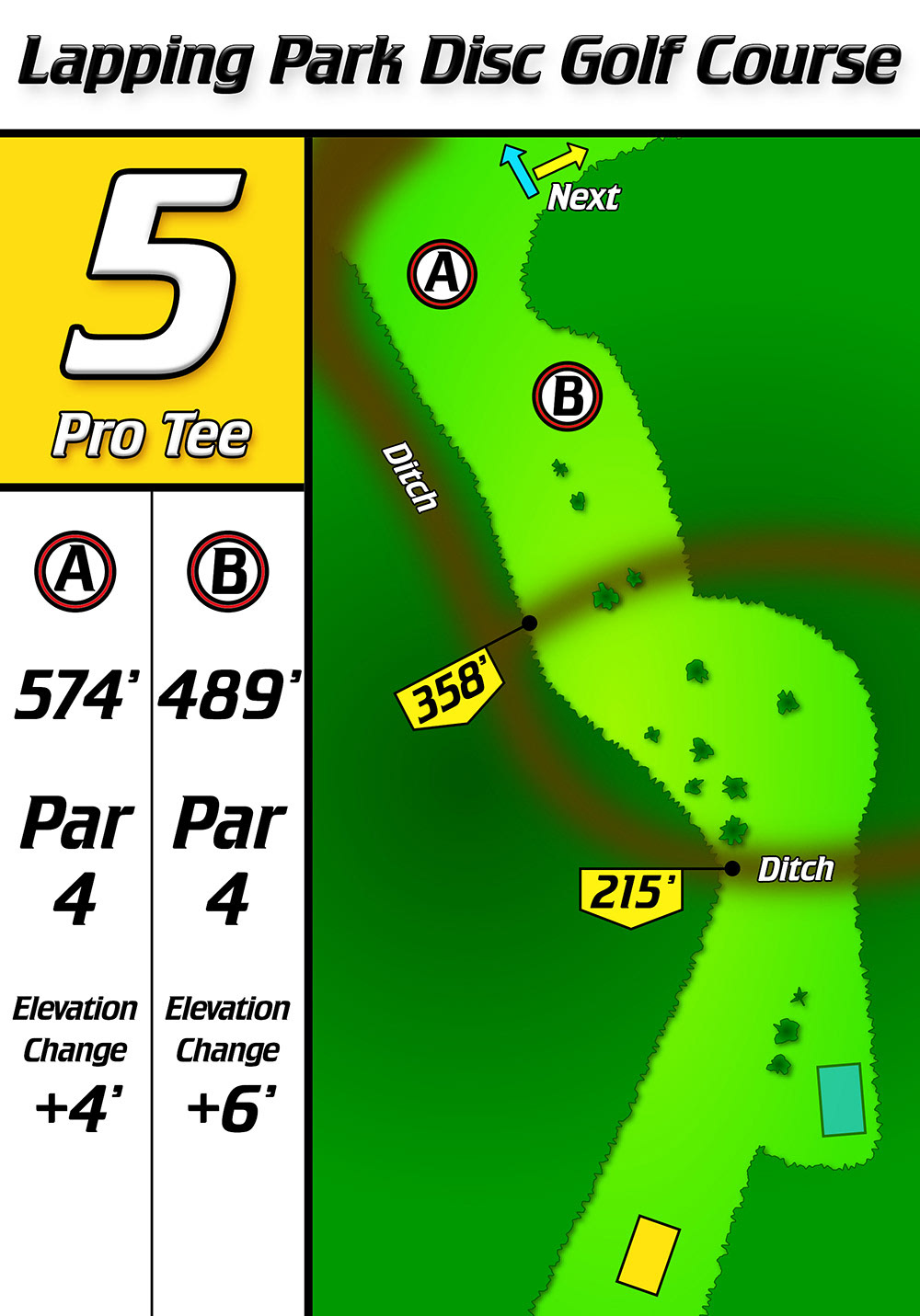 Tee sign, Lapping Park hole 5 Gold tee