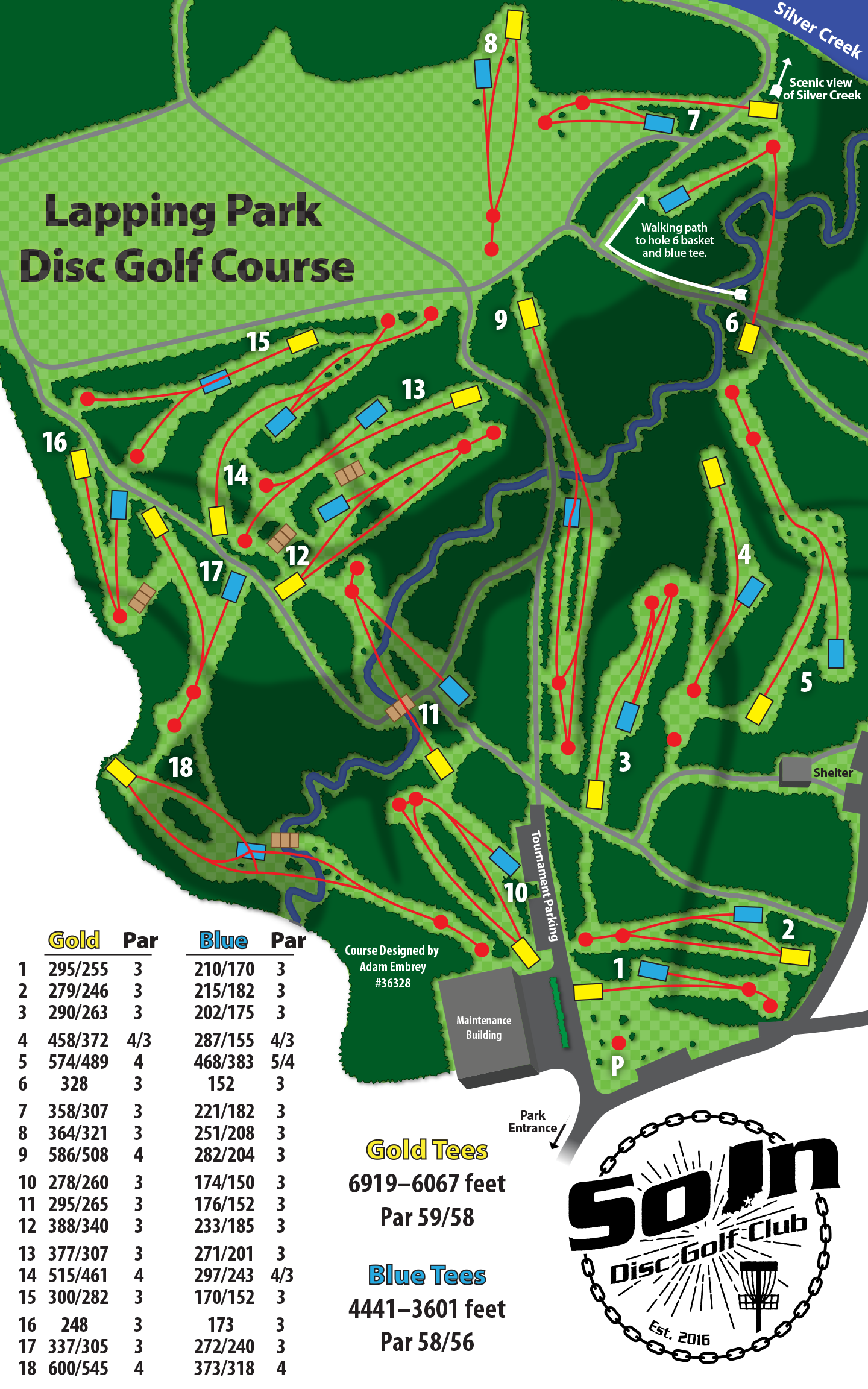 Disc golf course map, Lapping Park in Clarksville, IN