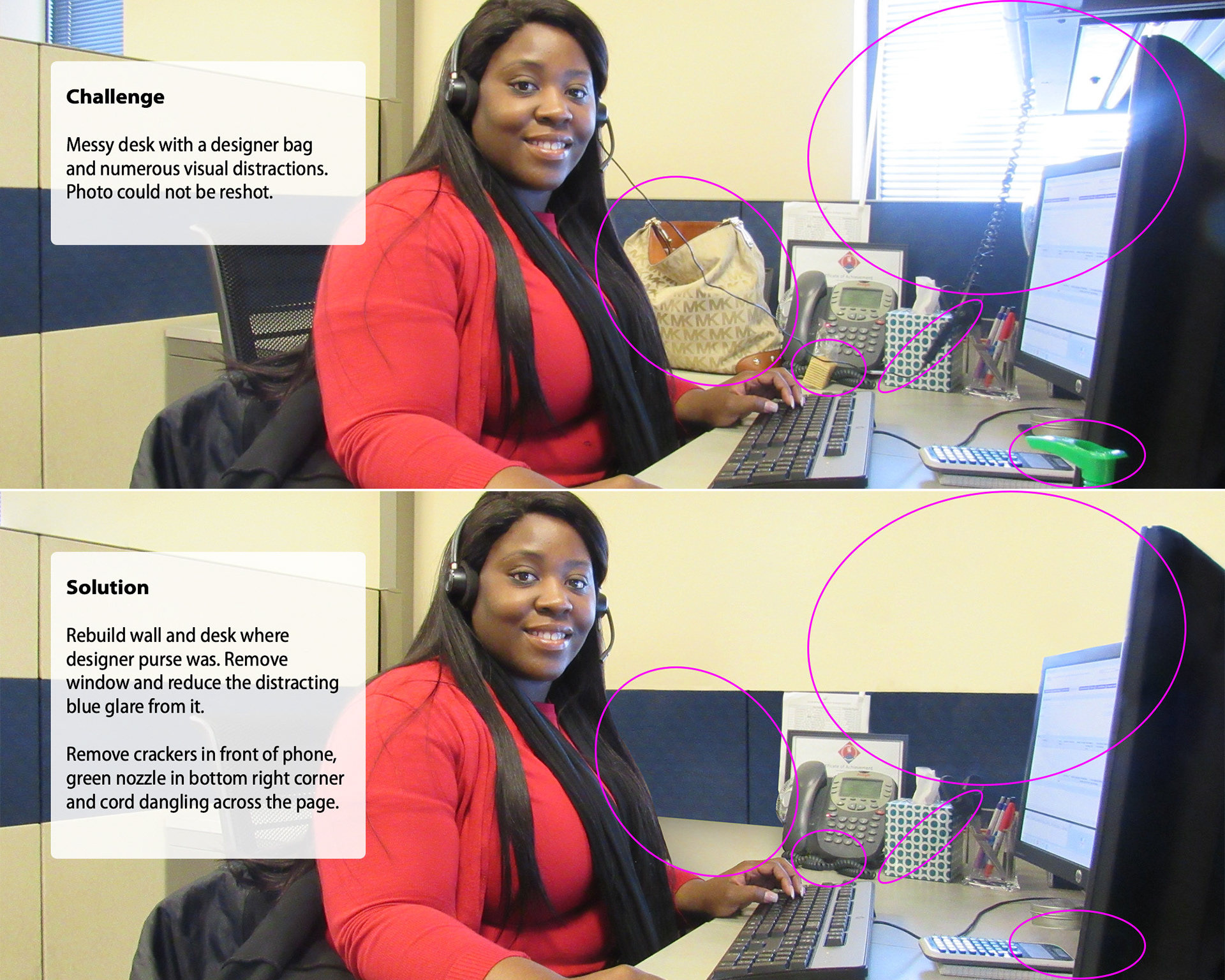 Top is before, bottom is after. Magenta circles show changes.