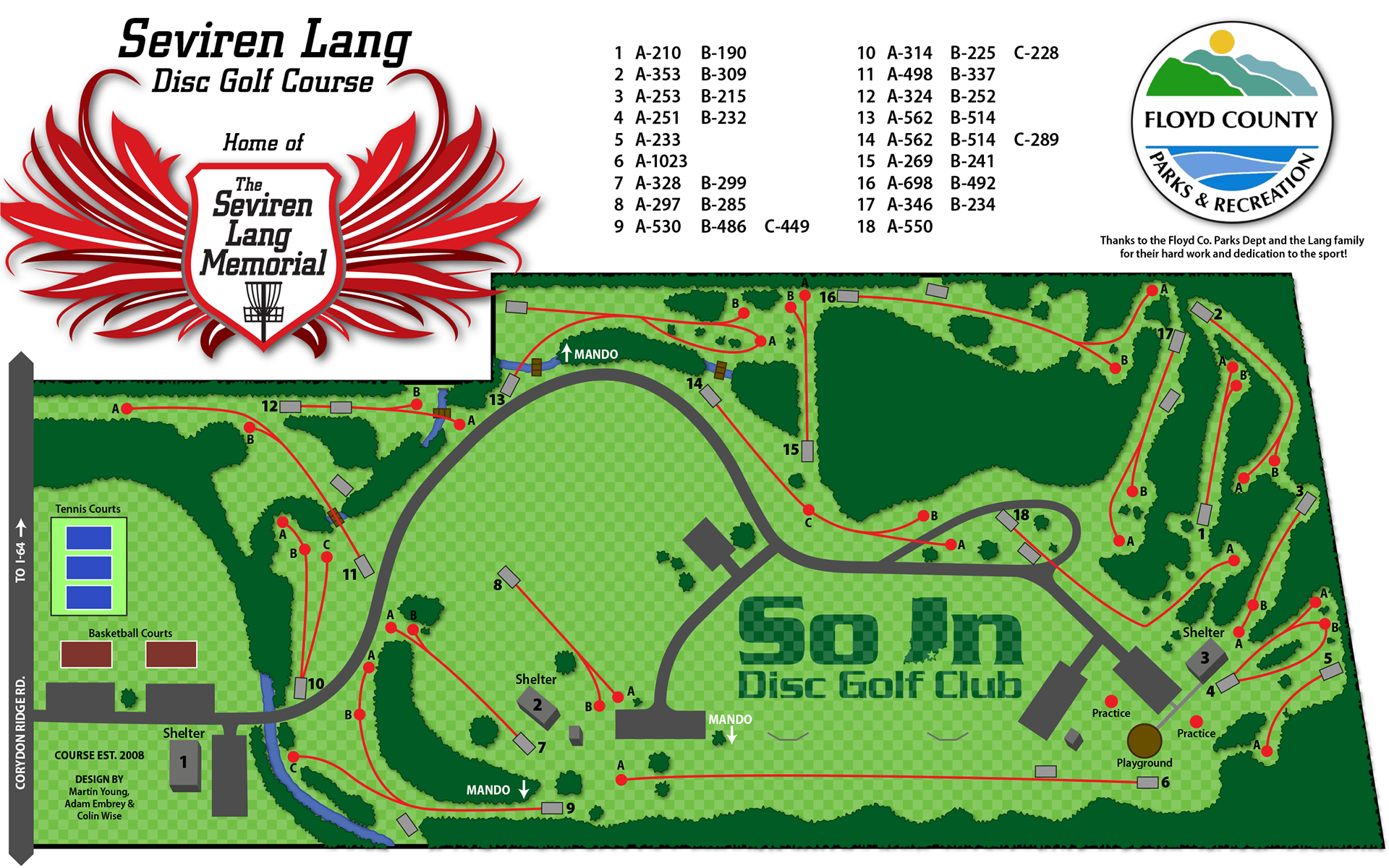 Disc golf course map, Seviren Lang at Garry Cavan Park in Georgetown, IN