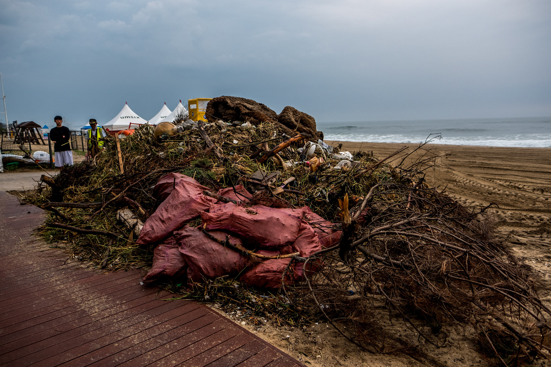 Garbage washed up by Typhoon Kanun on Gyeongpo Beach, Gangneung City, Gangwon Province, South Korea, August 12, 2023. Tropical Typhoon Kanun caused heavy rain and strong winds in most parts of the country from the 9th to the 11th. In Gangwon-do, a very strong wind blew with a maximum instantaneous wind speed of more than 80 km/h. The wave height in Gangwon-do is currently 1.5m to 4m. Matrix Images/Lee Kitae