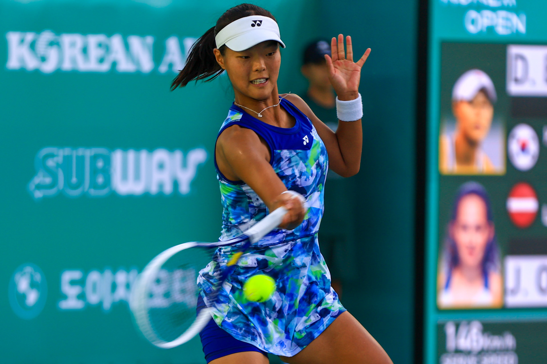 Back Dayeon of South Korea returns the ball to Jelena Ostapenko of Latvia during the women's singles 32 match in the Hana Bank Korea Open Tennis at the Olympic Park Tennis Court in Seoul, South Korea, October 10, 2023. Matrix Images/Lee Kitae