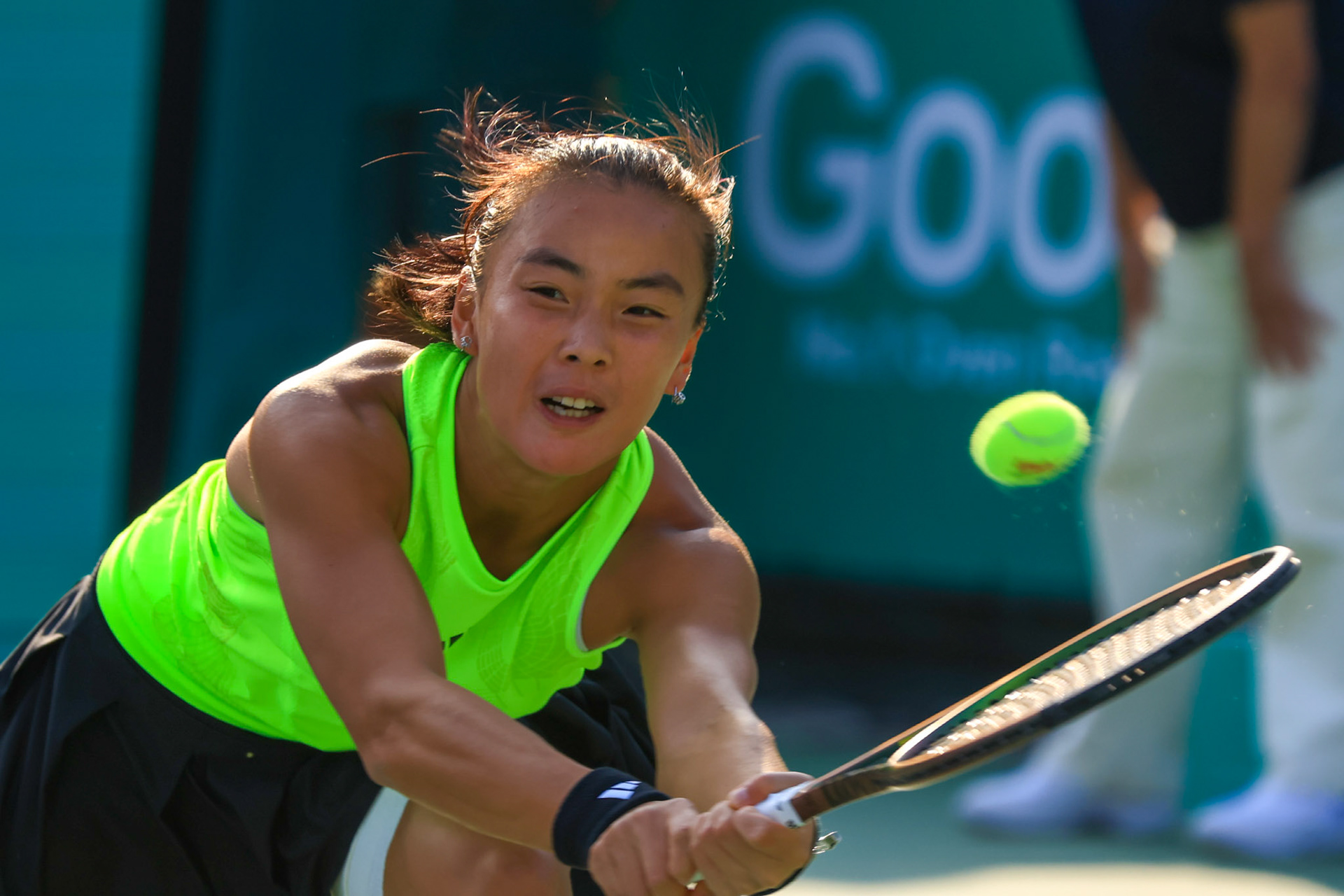 Yue Yuan of China returns to Jessica Pegula of the United States during their round of singles final match at the Hana Bank Korea Open Tennis Tournament at the Olympic Park Tennis Court in Seoul, South Korea, on October 15, 2023. Matrix Images / Lee Kitae