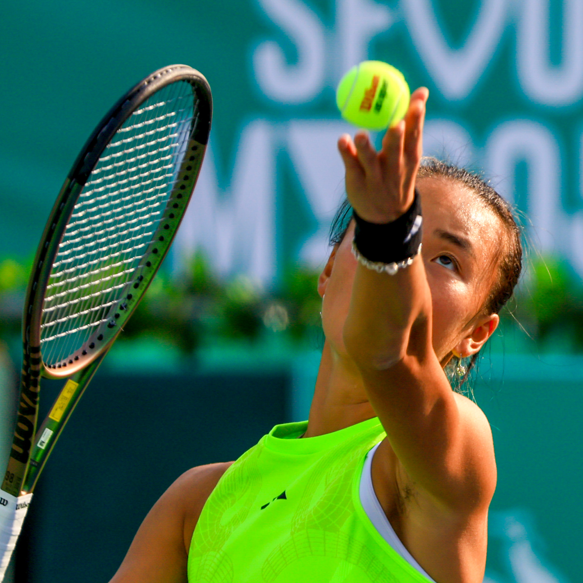 Yue Yuan of China returns to Emina Bektas of the United States during their round of singles semi-final match at the Hana Bank Korea Open Tennis Tournament at the Olympic Park Tennis Court in Seoul, South Korea, on October 14, 2023. Matrix Images / Lee Kitae
