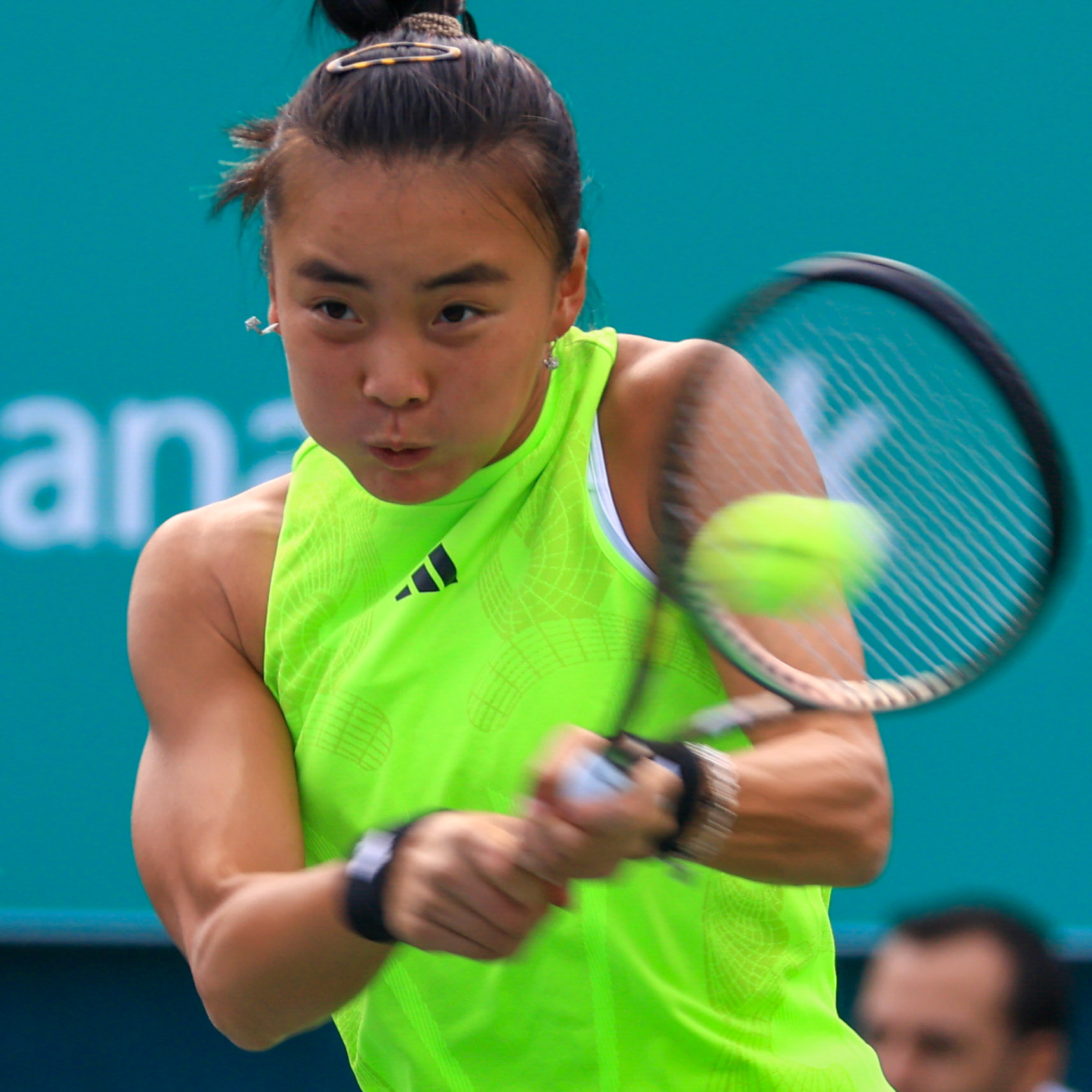 Yue Yuan of China returns to Jessica Pegula of the United States during their round of singles final match at the Hana Bank Korea Open Tennis Tournament at the Olympic Park Tennis Court in Seoul, South Korea, on October 15, 2023. Matrix Images / Lee Kitae