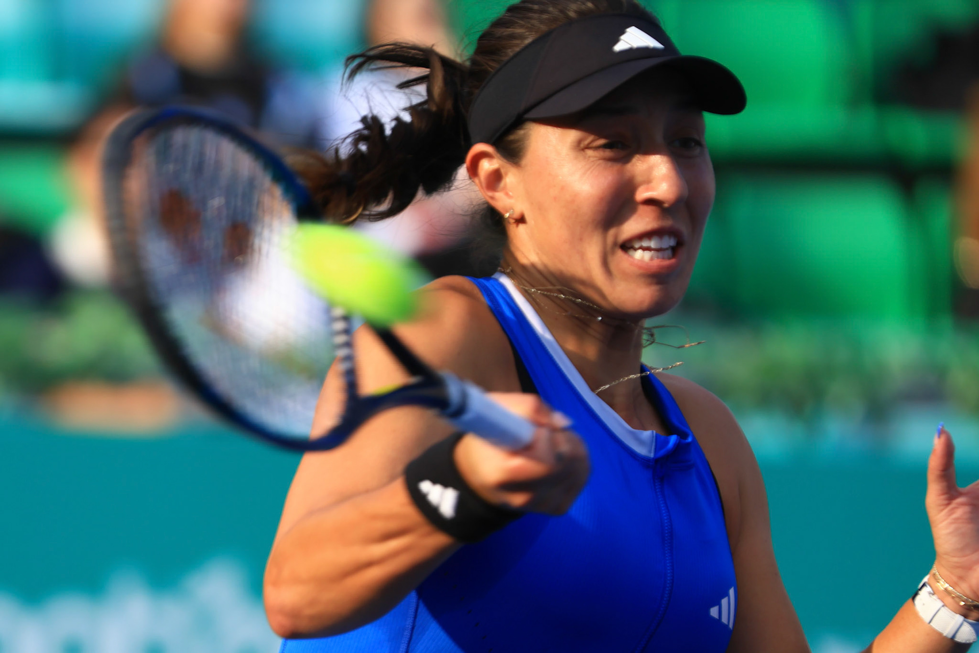 Jessica Pegula of the United States returns to Yue Yuan of China during their round of singles final match at the Hana Bank Korea Open Tennis Tournament at the Olympic Park Tennis Court in Seoul, South Korea, on October 15, 2023. Matrix Images / Lee Kitae