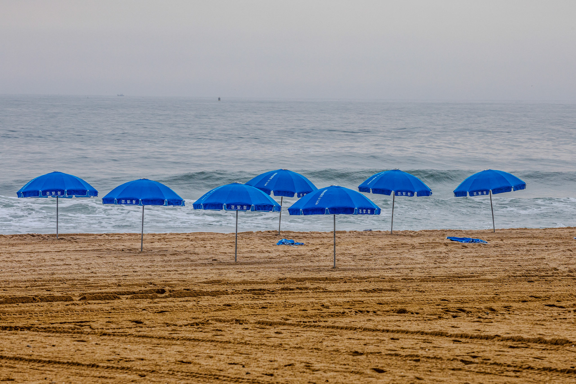 Only empty parasols are erected amid high waves due to the influence of Typhoon Kanun on Gyeongpo Beach in Gangneung City, Gangwon Province, South Korea, August 12, 2023. Tropical Typhoon Kanun caused heavy rain and strong winds in most parts of the country from the 9th to the 11th. In Gangwon-do, a very strong wind blew with a maximum instantaneous wind speed of more than 80 km/h. The wave height in Gangwon-do is currently 1.5m to 4m. Matrix Images/Lee Kitae