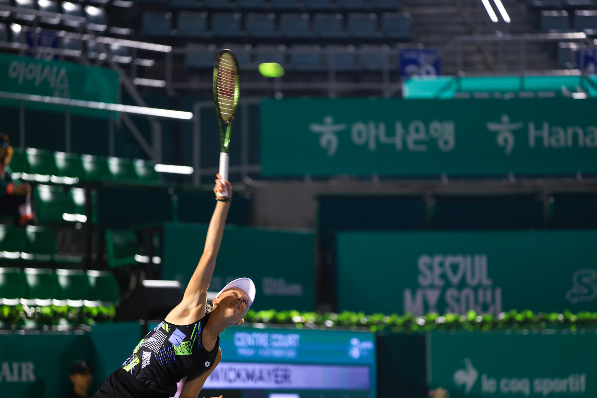 Polina Kudermetova of Rusia in action against Yanina Wickmayer of Belgium their round of singles quarterfinal match at the Hana Bank Korea Open Tennis Tournament at the Olympic Park Tennis Court in Seoul, South Korea, on October 13, 2023. Matrix Images / Lee Kitae