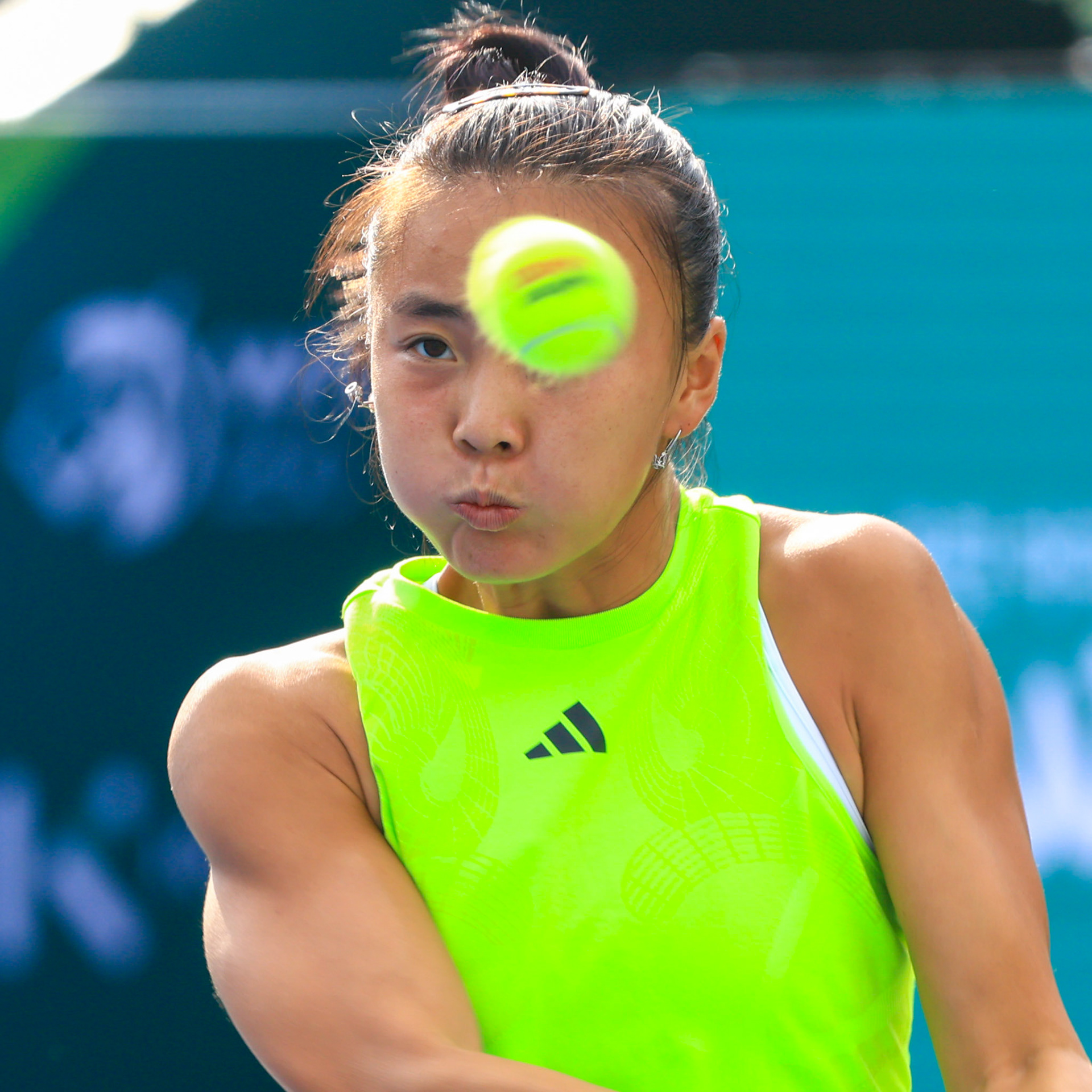 Yue Yuan of China returns to Jessica Pegula of the United States during their round of singles final match at the Hana Bank Korea Open Tennis Tournament at the Olympic Park Tennis Court in Seoul, South Korea, on October 15, 2023. Matrix Images / Lee Kitae
