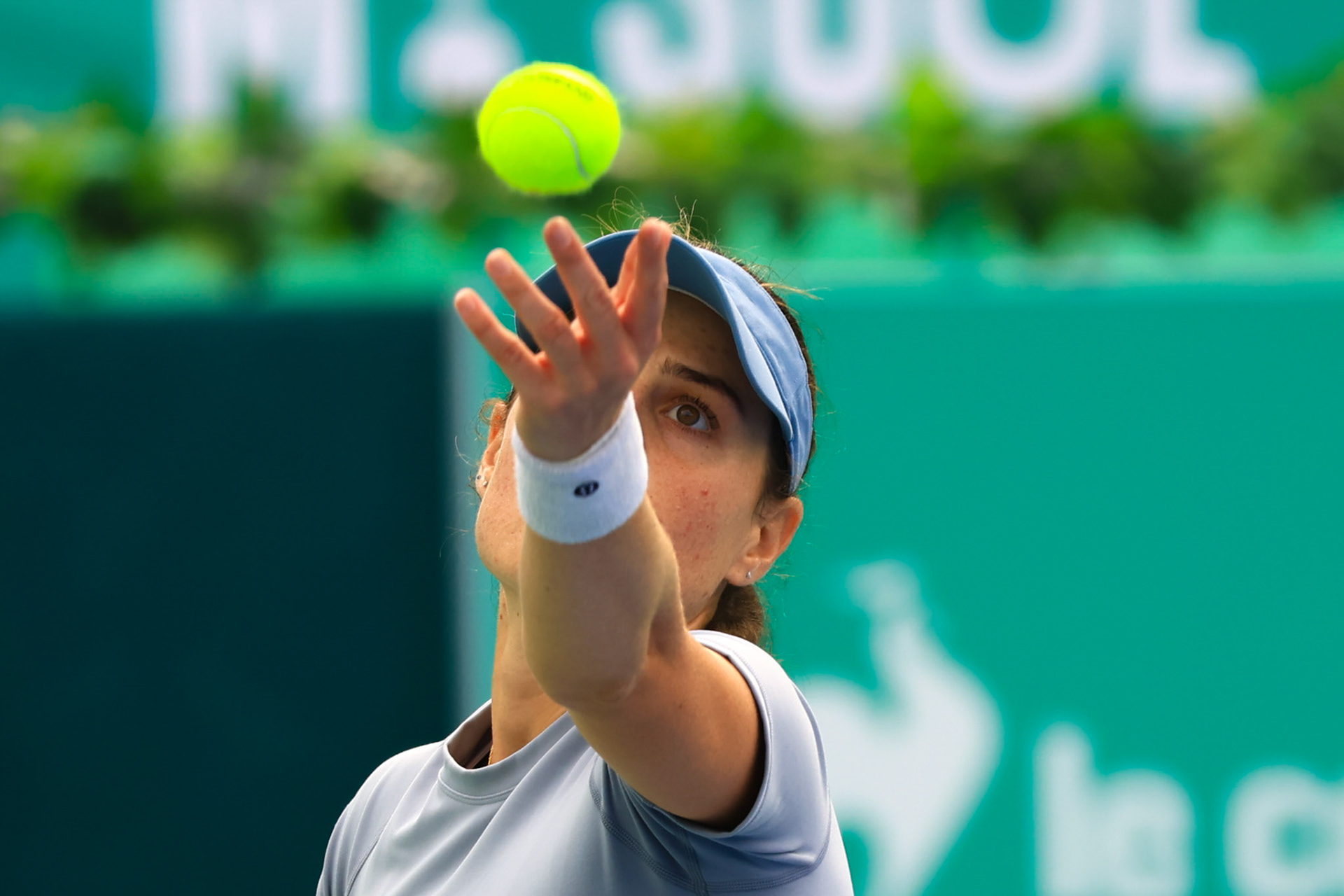 Kimberly Birrell of Australia in action against Emina Bektas of United States their round of quarterfinal at the Hana Bank Korea Open Tennis Tournament at the Olympic Park Tennis Court in Seoul, South Korea, on October 13, 2023. Matrix Images / Lee Kitae
