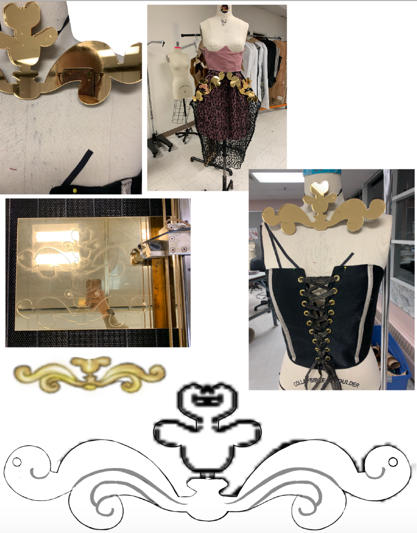 laser cutter, shapes designed to be cut, and cut pieces on completed garments