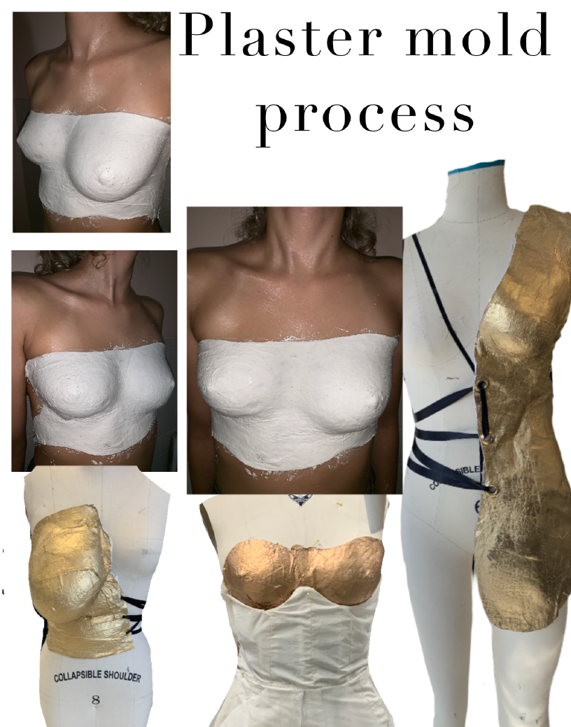 Body molding process with three completed, painted molds and corset details