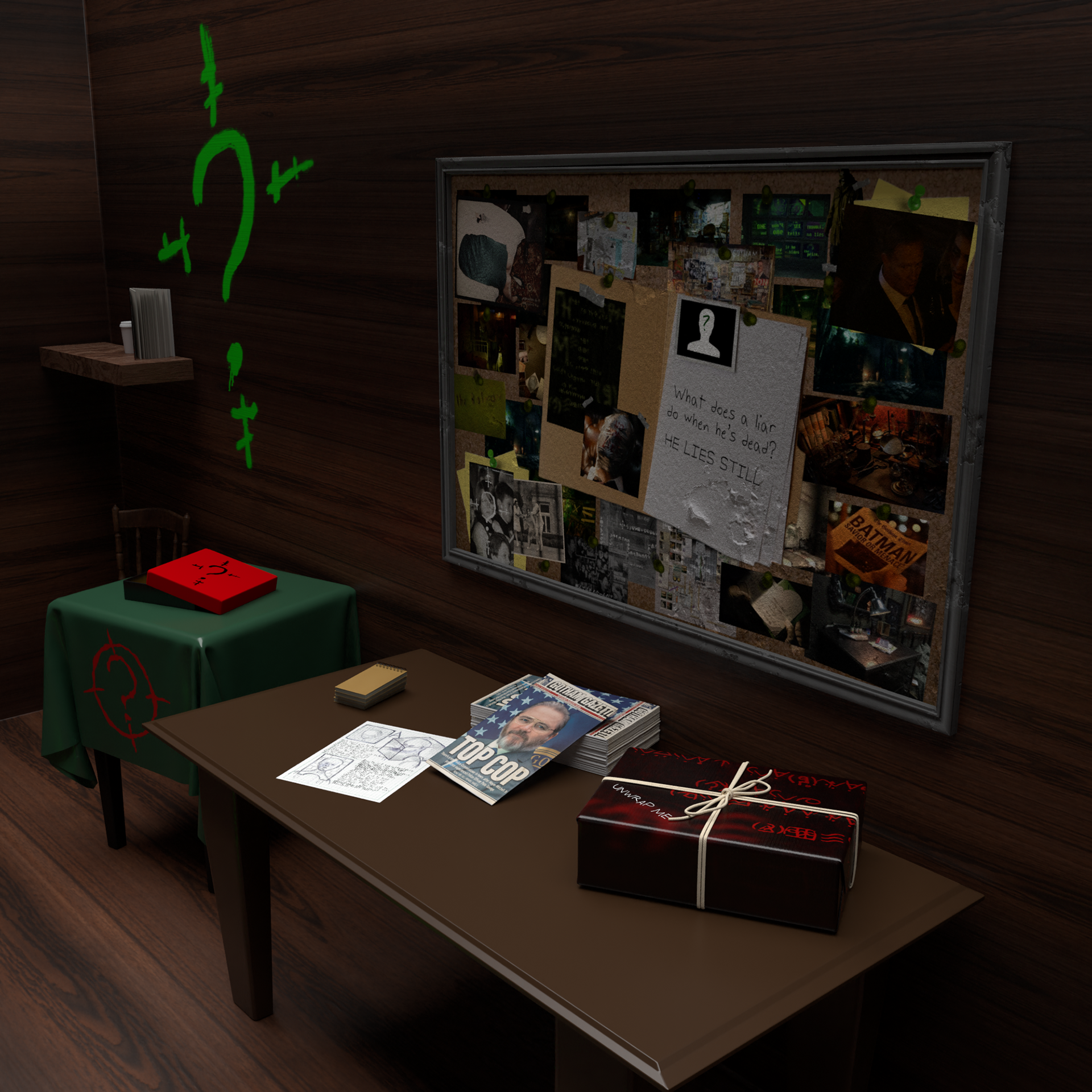 Designed on Adobe Dimension, a peek into The Riddler's Trials Escape Room 1/4