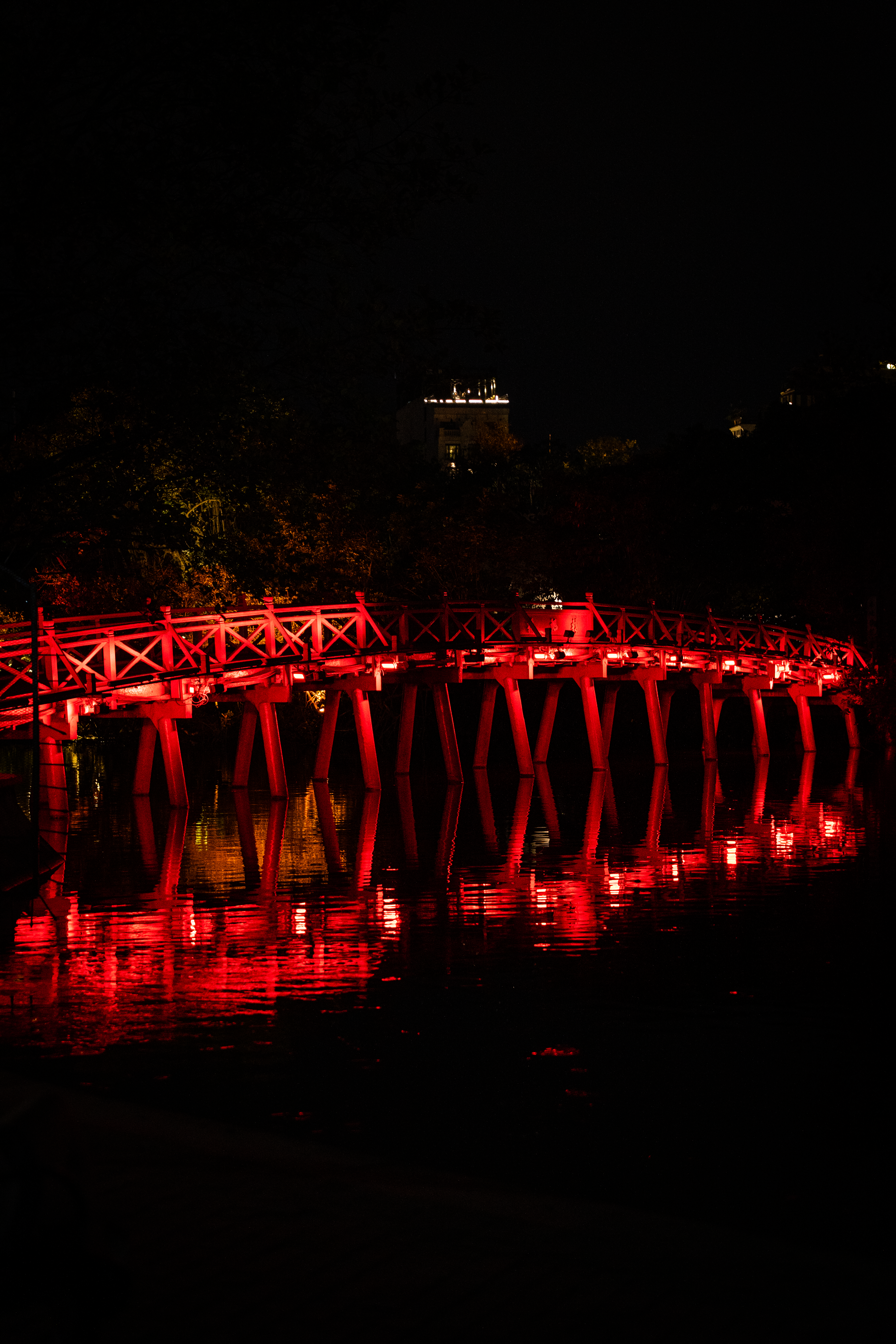 Red Bridge that leads to a Temple above Hoàn Kiếm Lake.