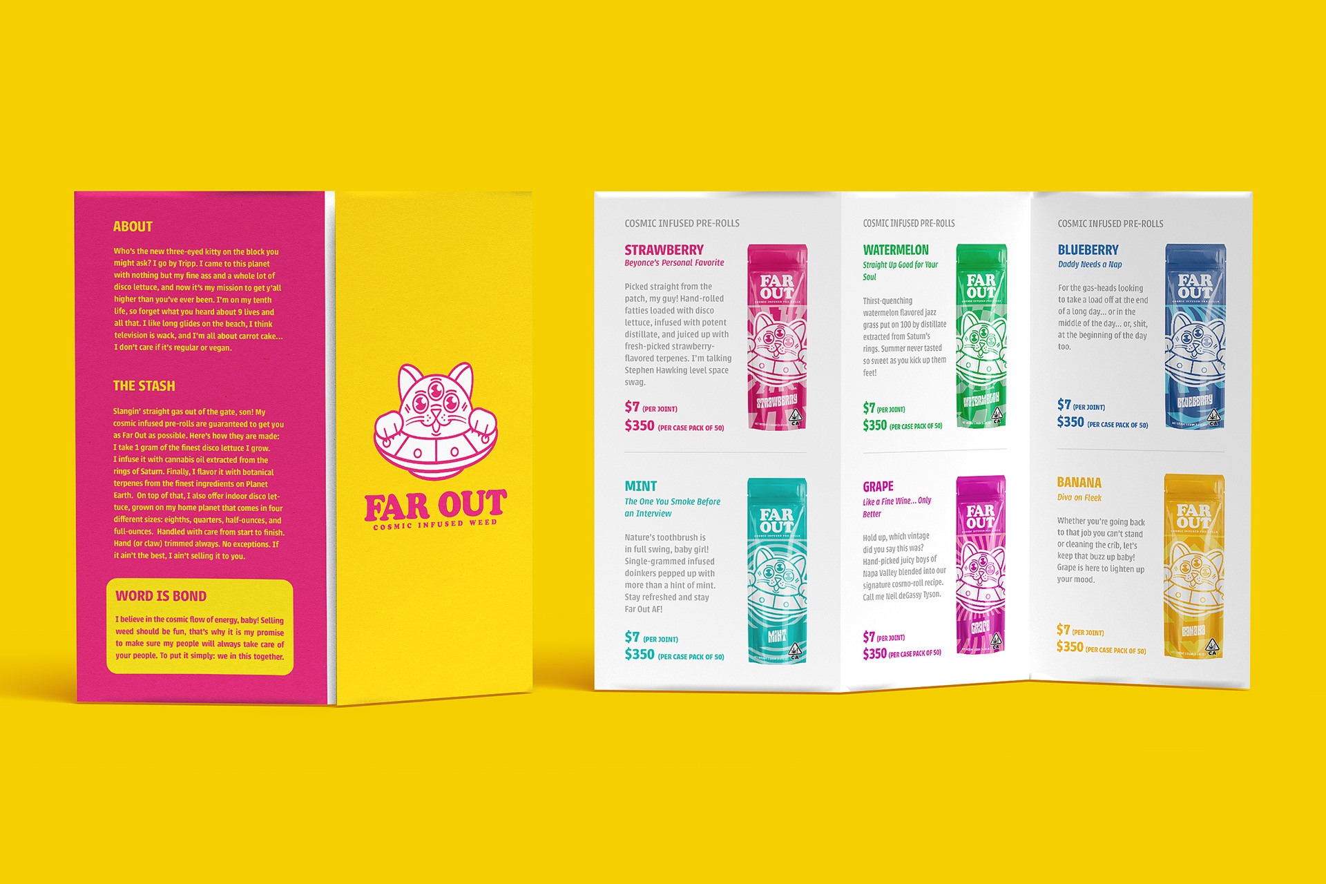 Far Out - Cosmic Infused Weed Cat Marijuana Trip Psychedelic Vape Design by Freelance Designer Jeffrey Dirkse