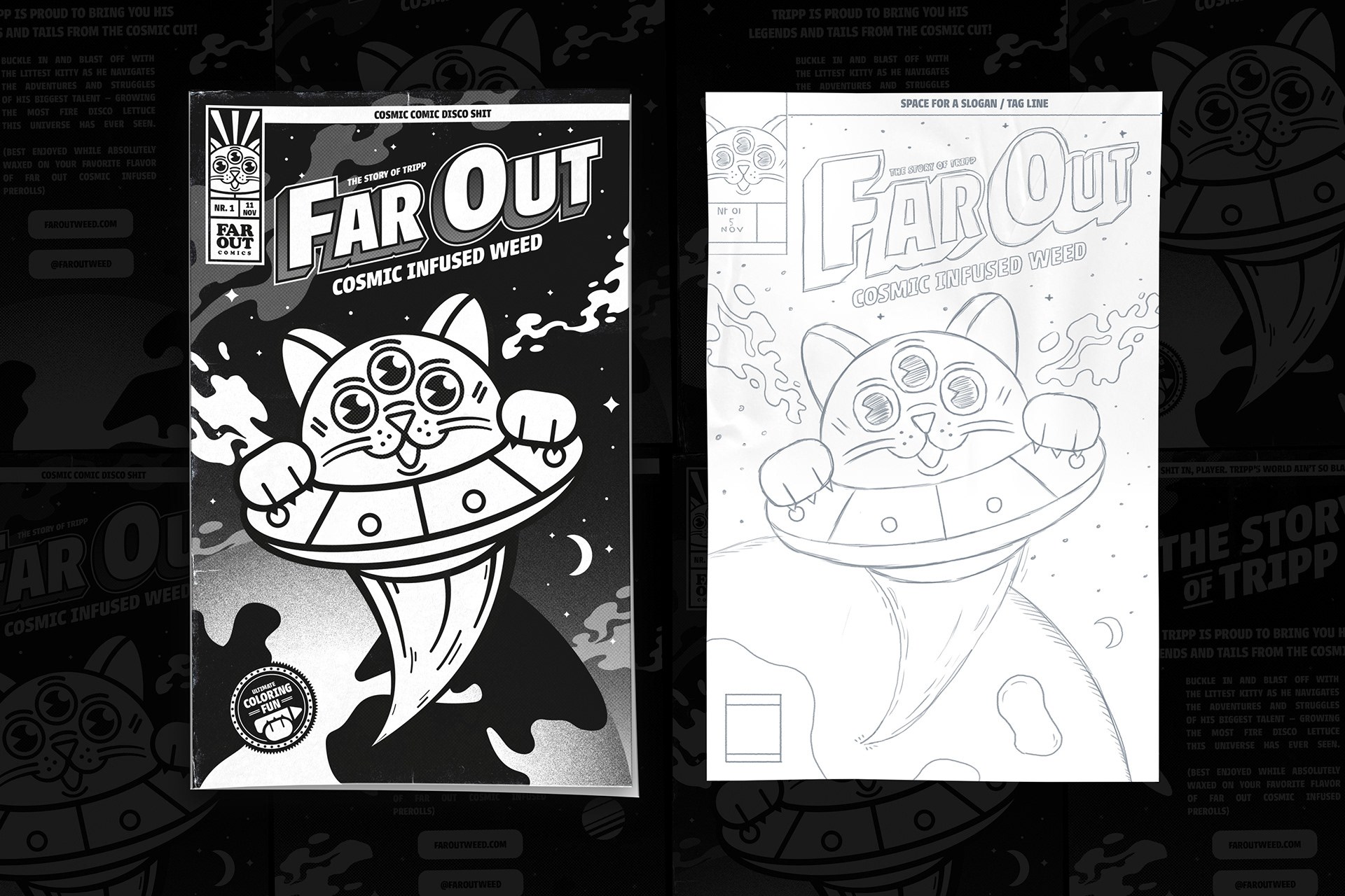 Far Out - Cosmic Infused Weed Cat Marijuana Trip Psychedelic Vape Design by Freelance Designer Jeffrey Dirkse