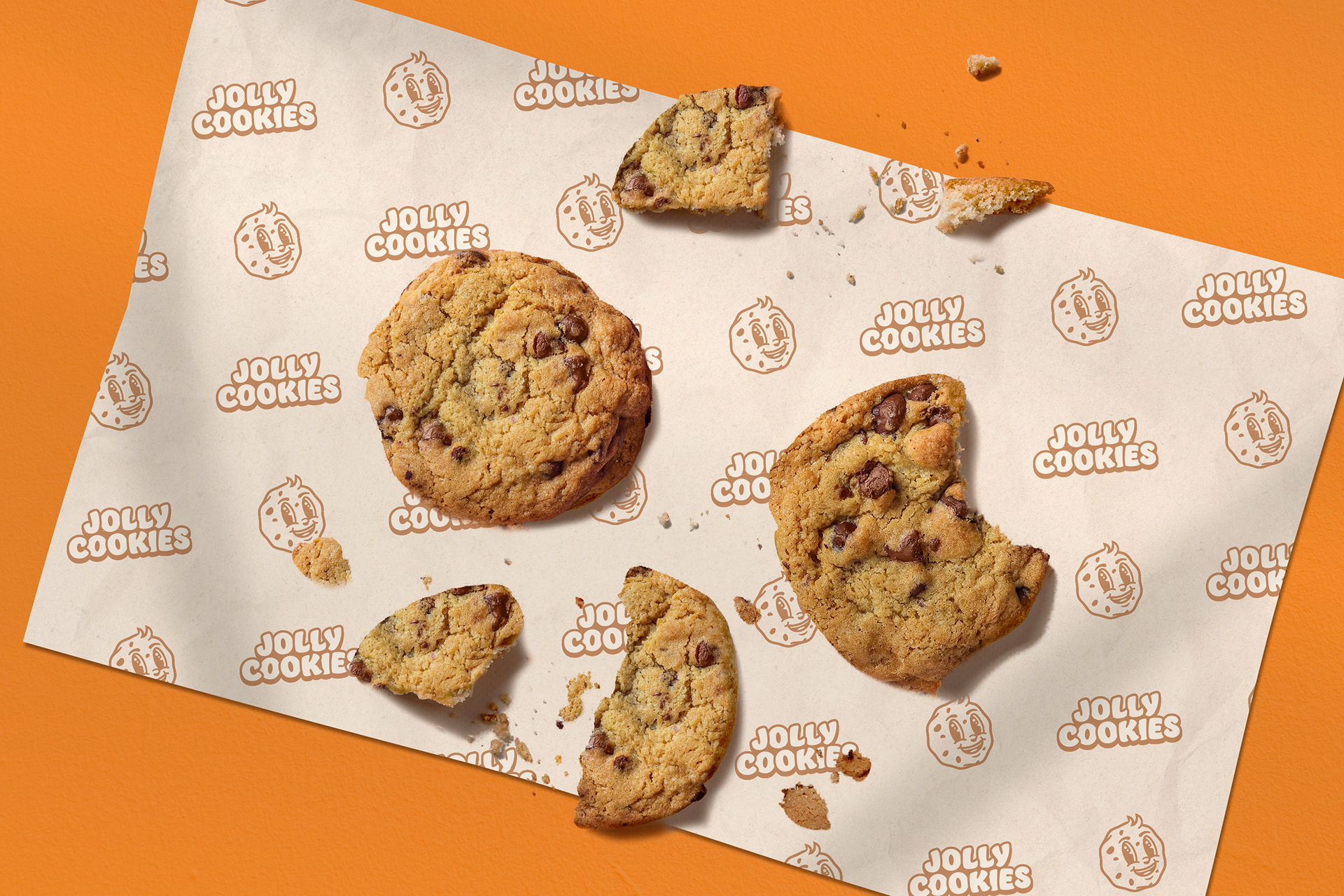 Jolly Cookies - Cookie Shop Chocolate Chip Mascot Logo Design by Freelance Designer Jeffrey Dirkse
