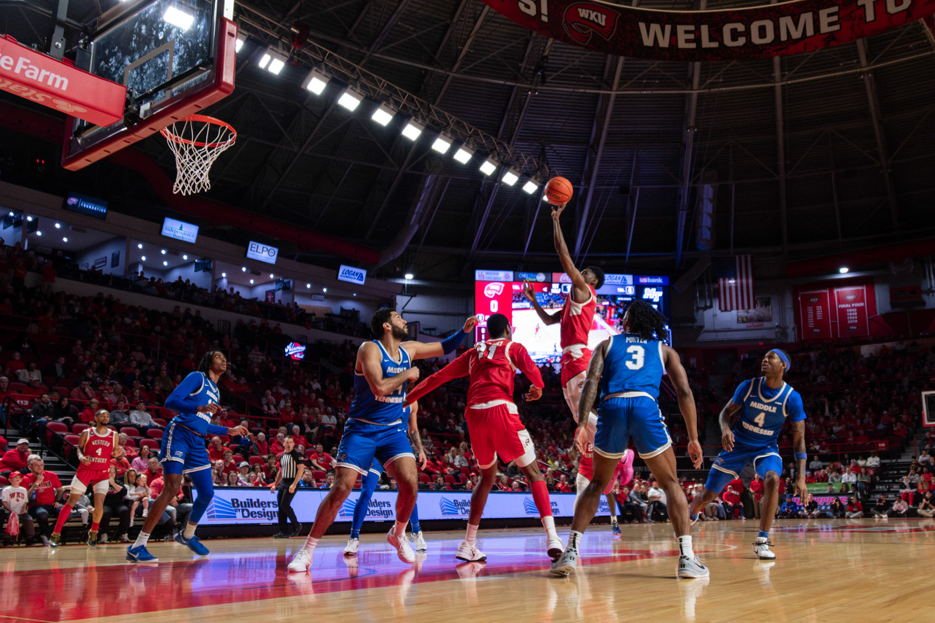 A WKU player goes up for a shot during the Middle Tennessee vs. WKU men's basketball game on Feb. 15, 2025, in Diddle Arena.