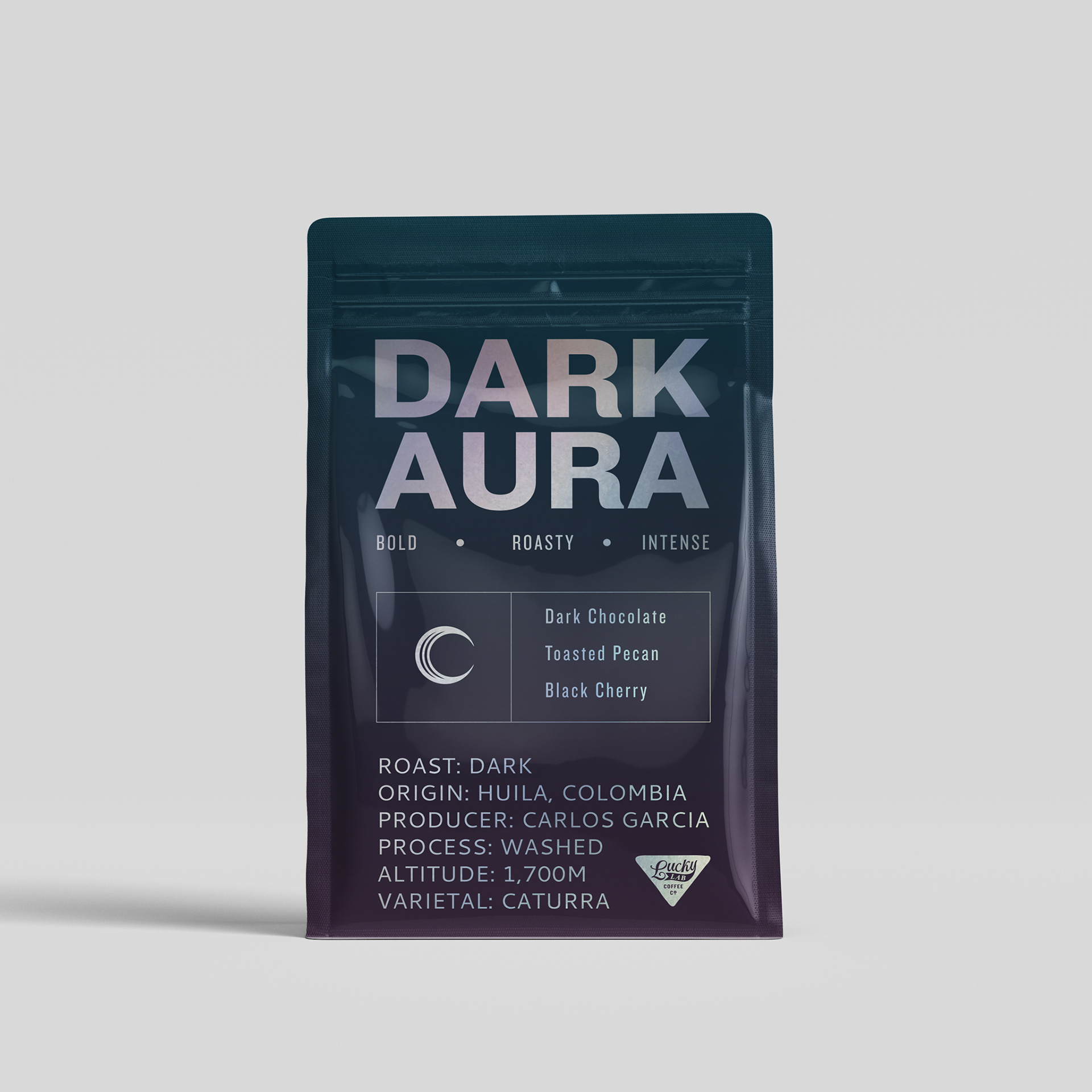 Dark Aura Packaging Concept with Tonal Gradient & Metallic Lettering