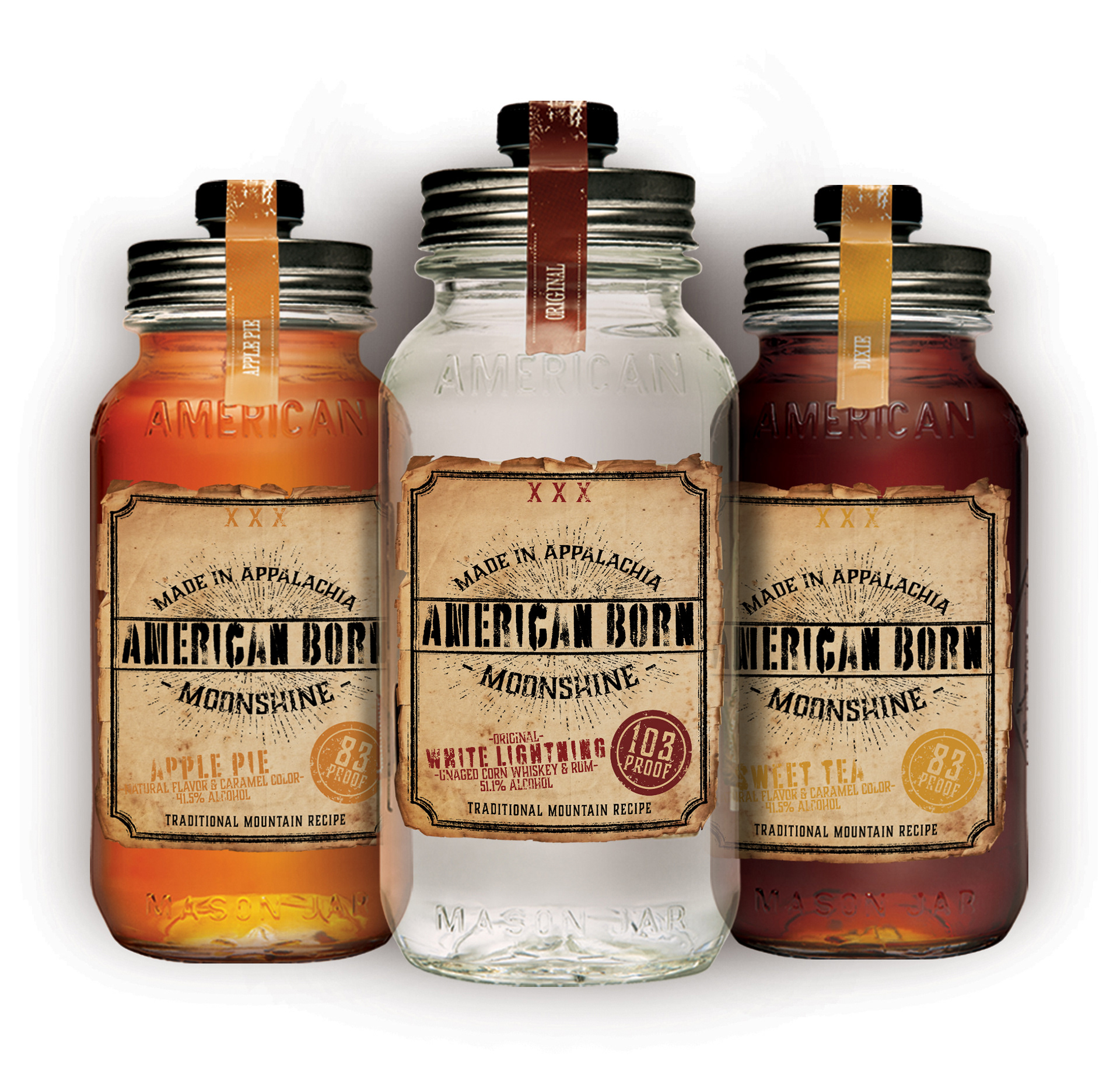 American Born Moonshine - 2021; Redesign of the packaging inspired by early moonshine crates. 
