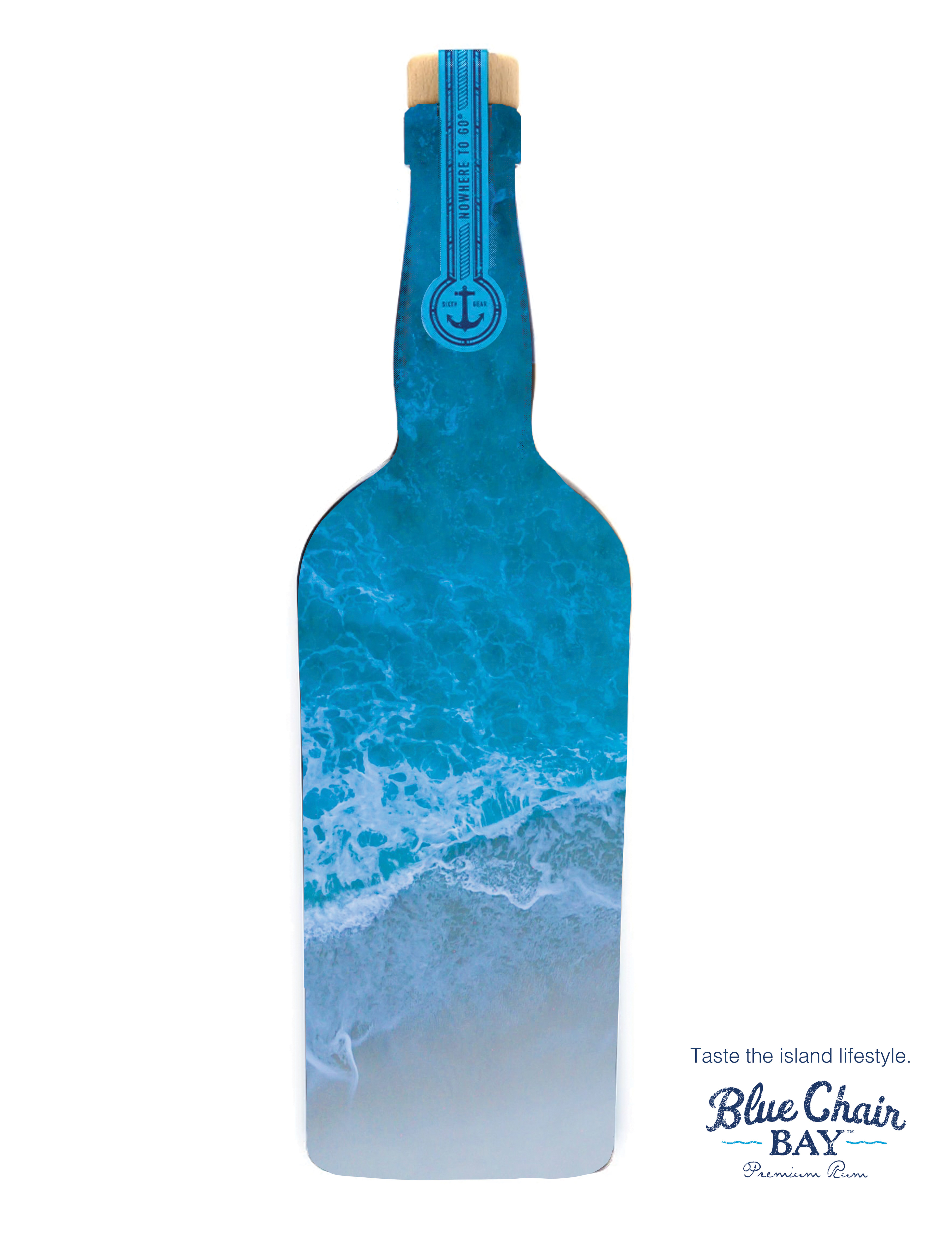 Blue Chair Bay Rum - 2021; Magazine advertisement using the blue gradient of the ocean waves similar to the bottle coloring. 