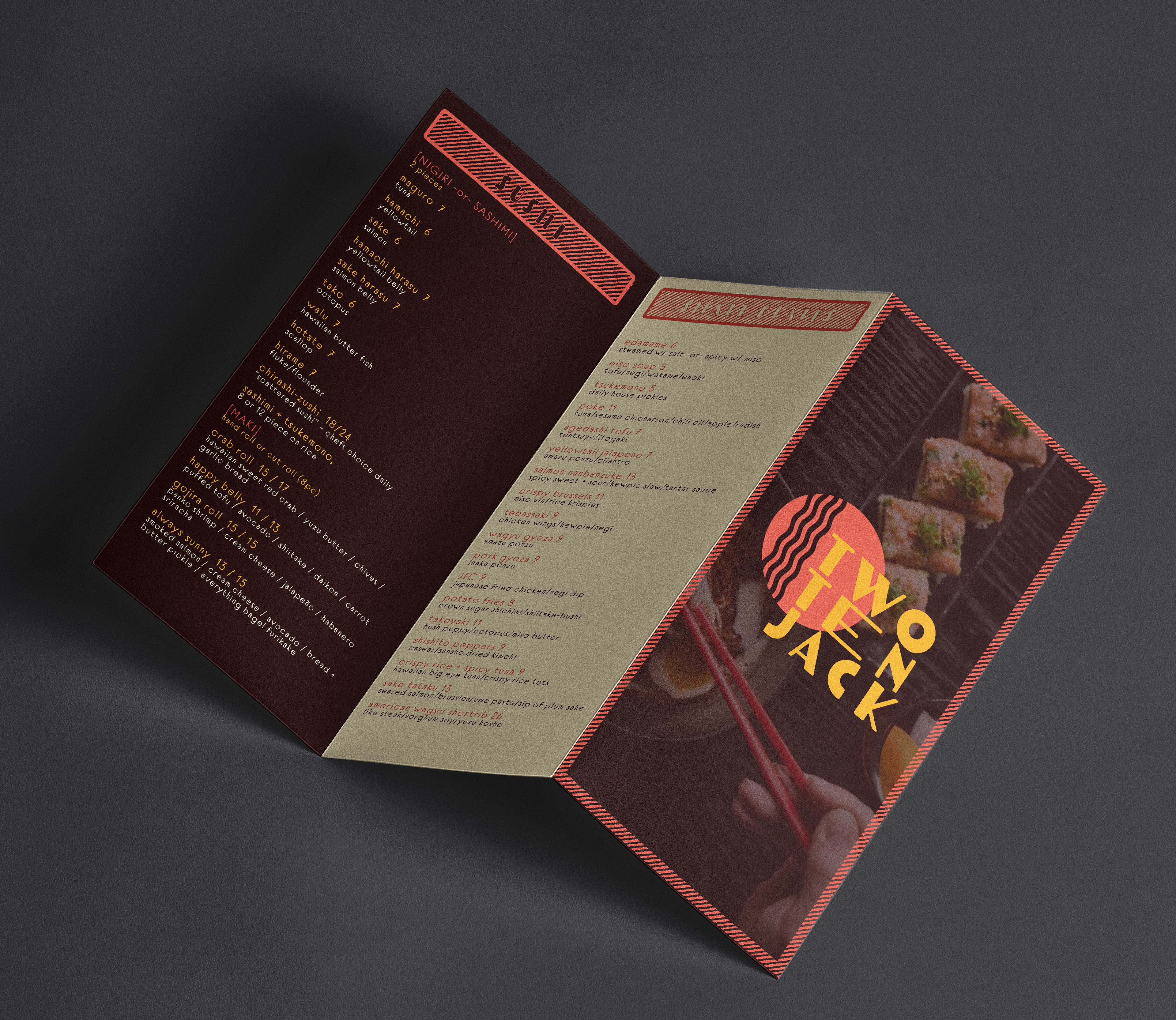 Two Ten Jack - 2021; Menu design and logo redesign of the Nashville Japanese eatery. 