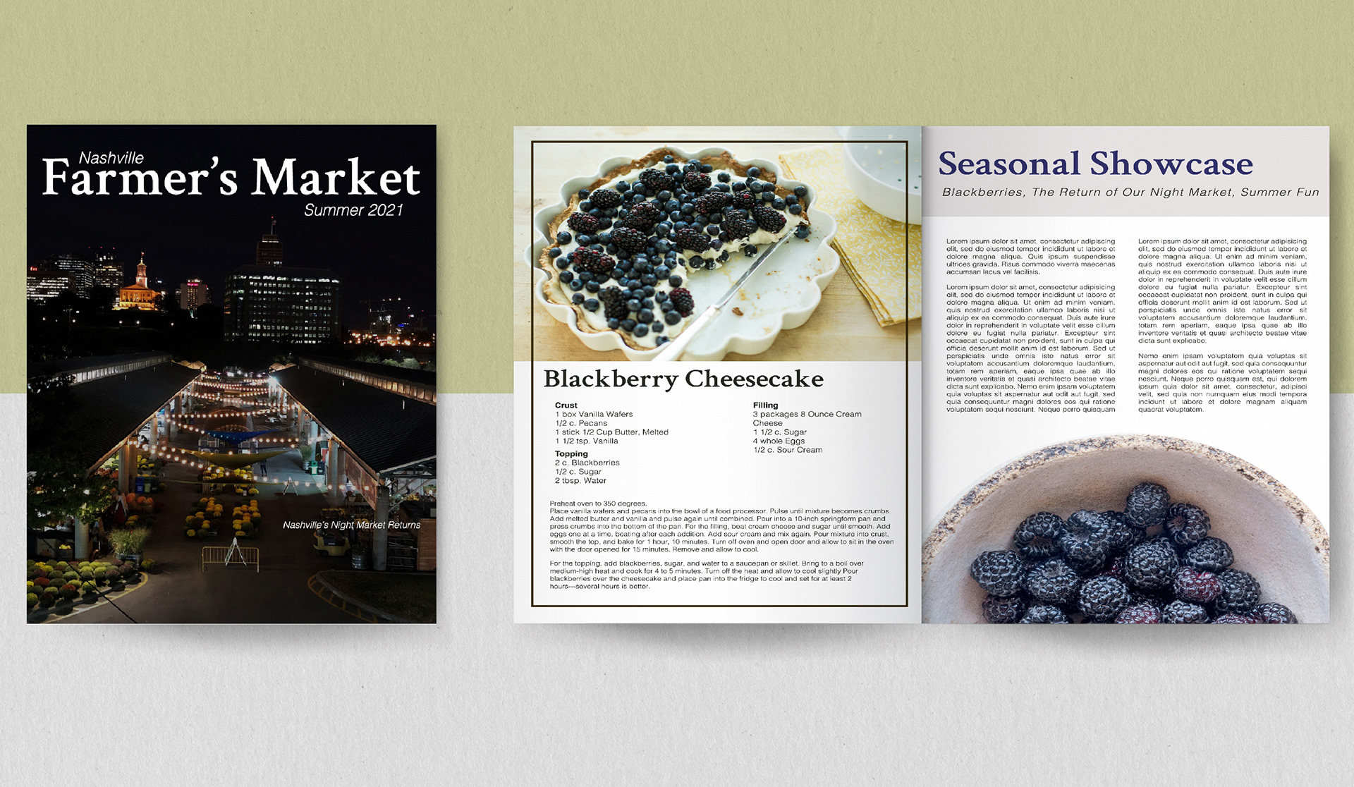 Farmer's Market Magazine - 2021; Spread of a fictional Nashville Farmer's Market Magazine with recipes and the current seasonal happenings. 