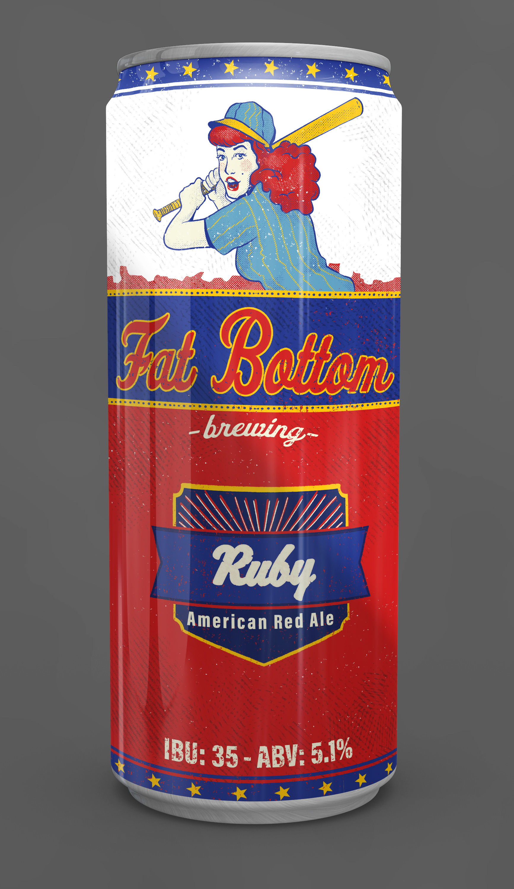 Fat Bottom Brewing - 2021; Redesign of the Ruby Red Ale can illustration and packaging. 