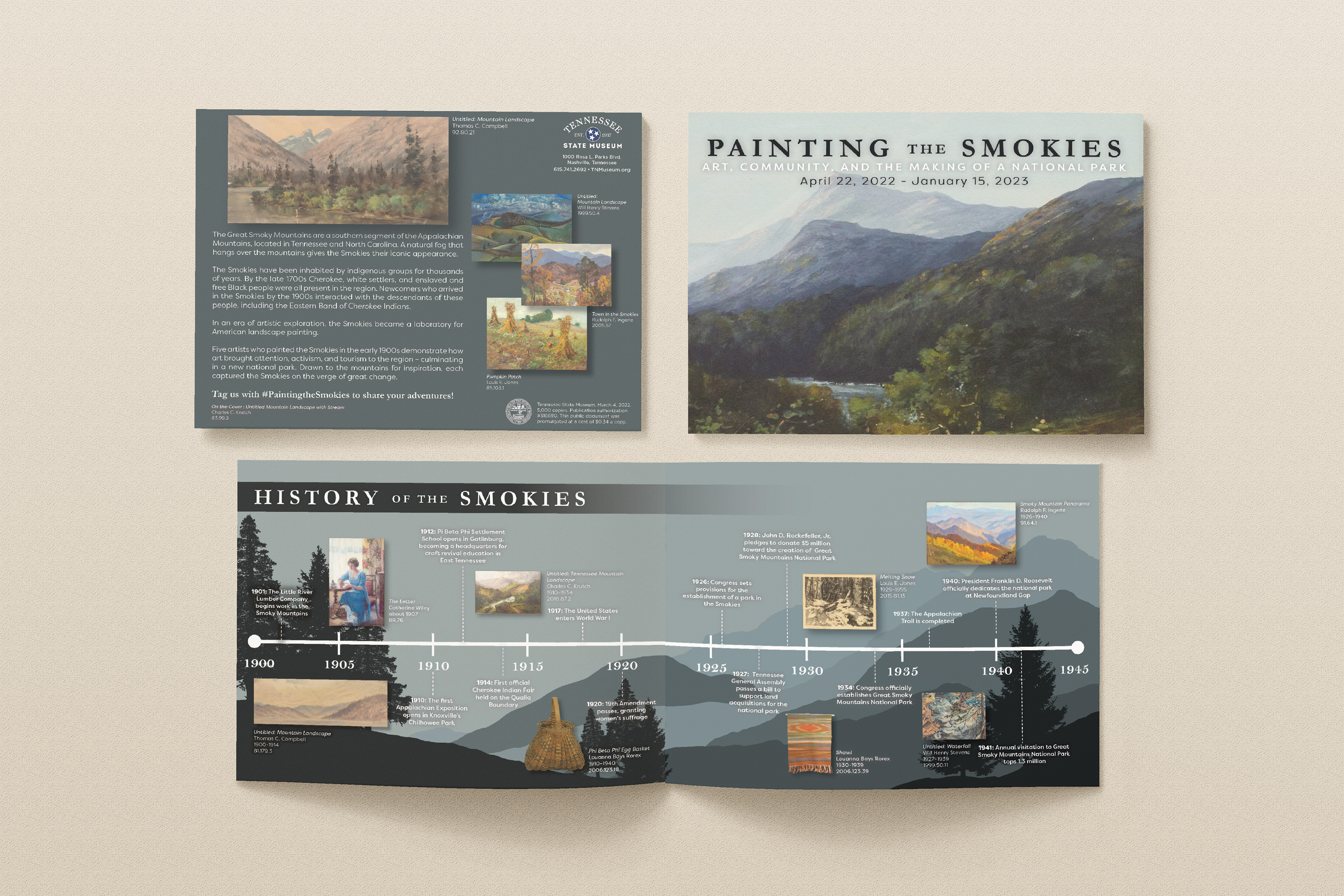 Painting the Smokies Takeaway - 2022; Timeline brochure printed for the upcoming Painting the Smokies Exhibit at the Tennessee State Museum. 