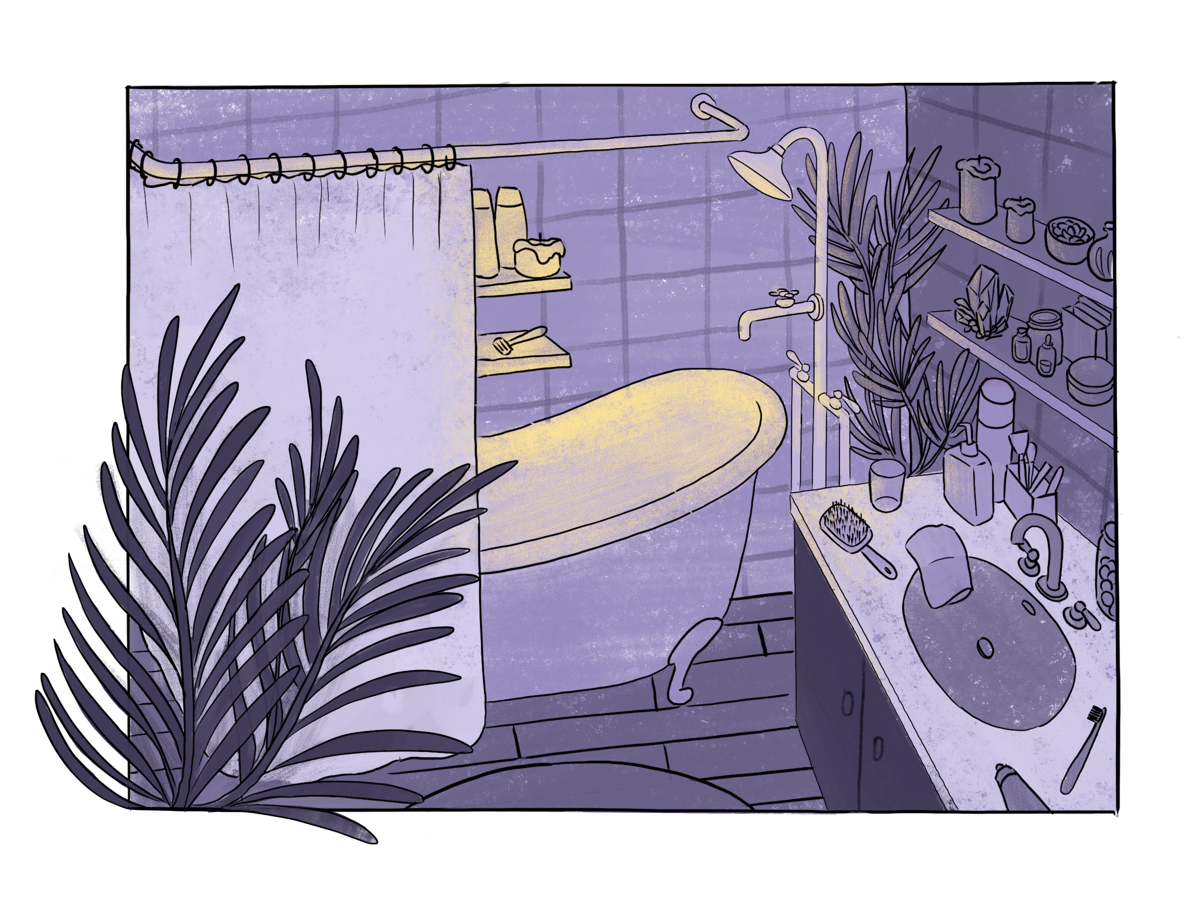 a purple bathroom with ferns and clawfoot tub